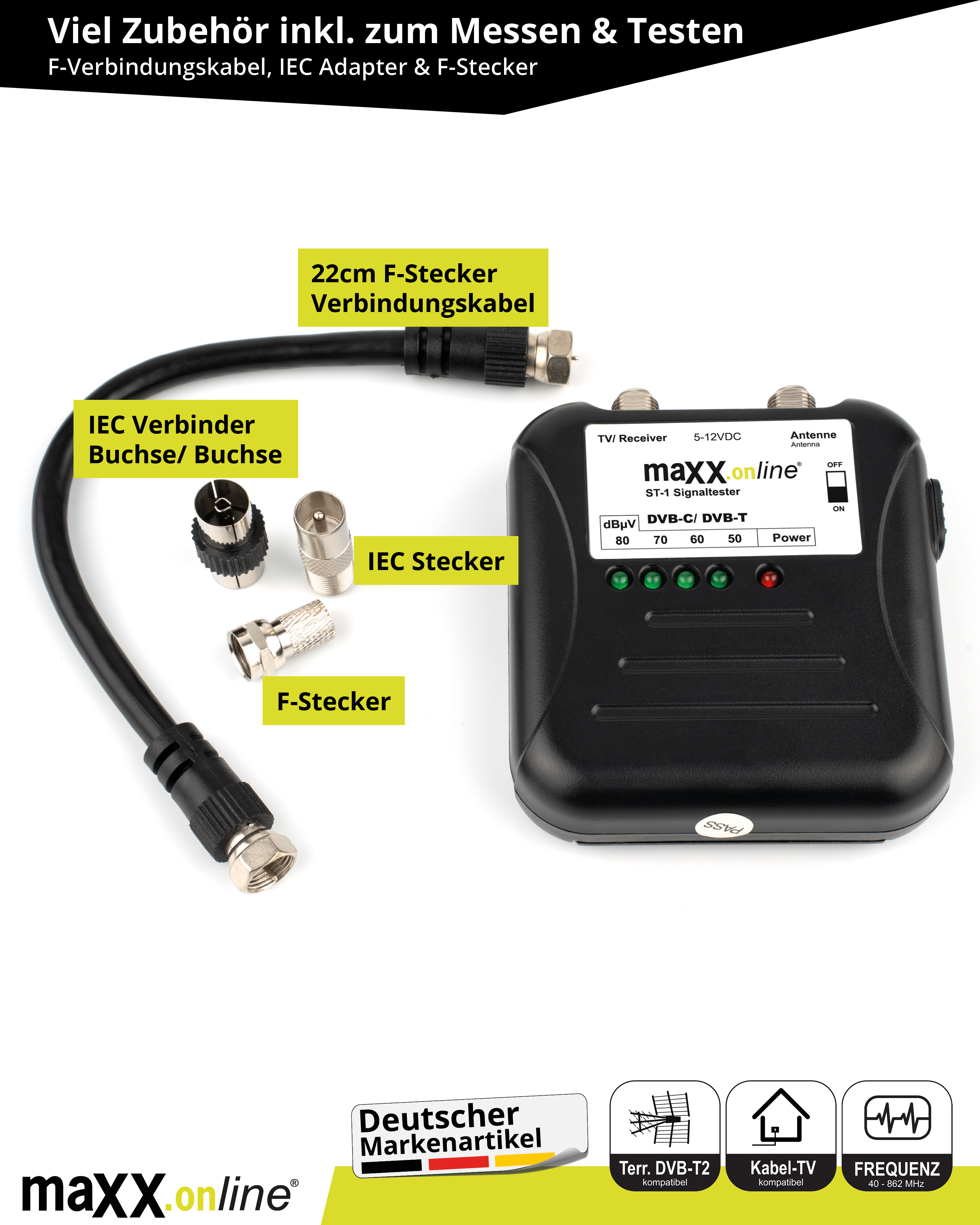 Das Bild zeigt einen schwarzen Signaltester mit Kabeln und Anschlüssen, beschriftet für TV und Antenne.
