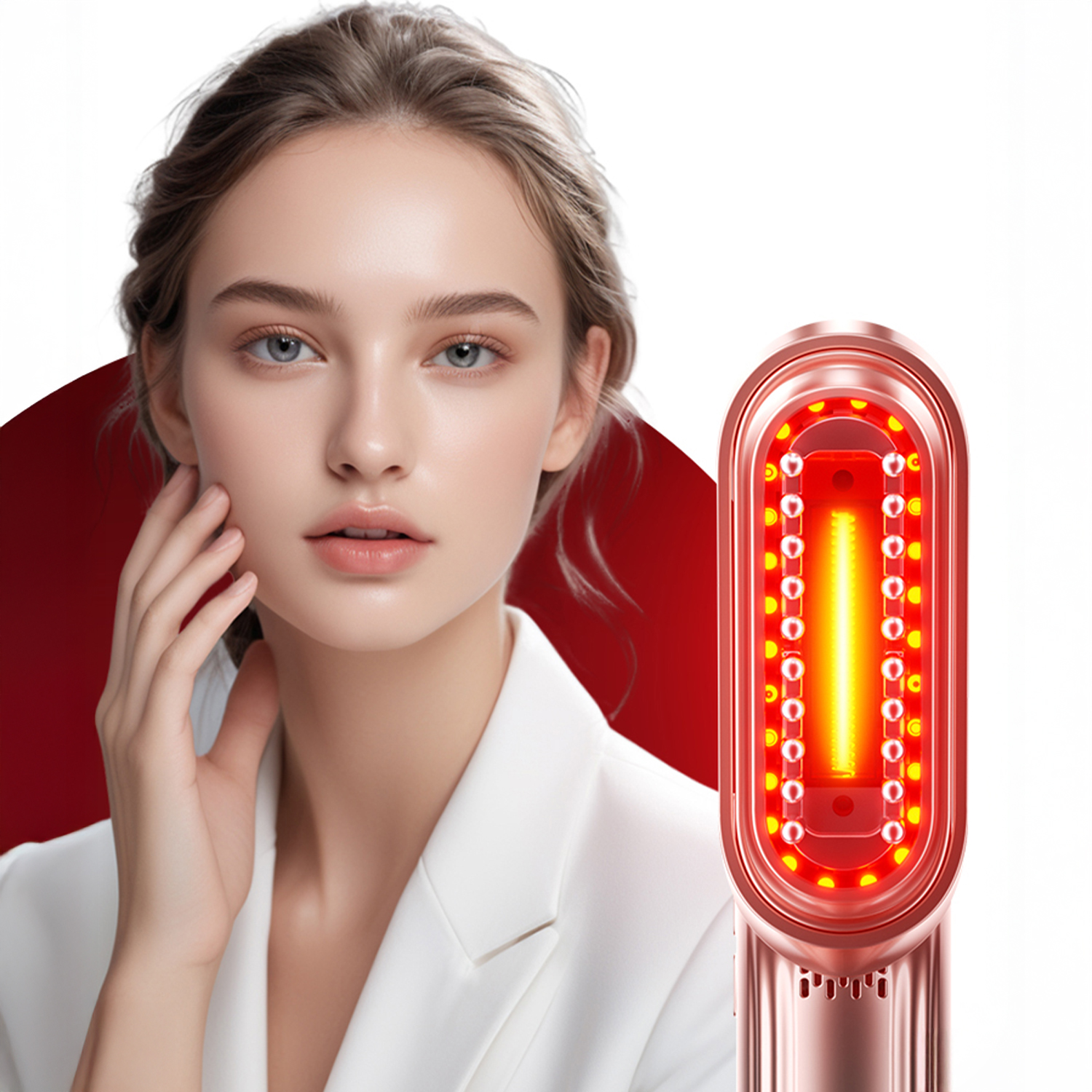 Una donna si tocca il viso. A destra, un dispositivo di bellezza con luci rosse e gialle. Sfondo rosso e bianco.