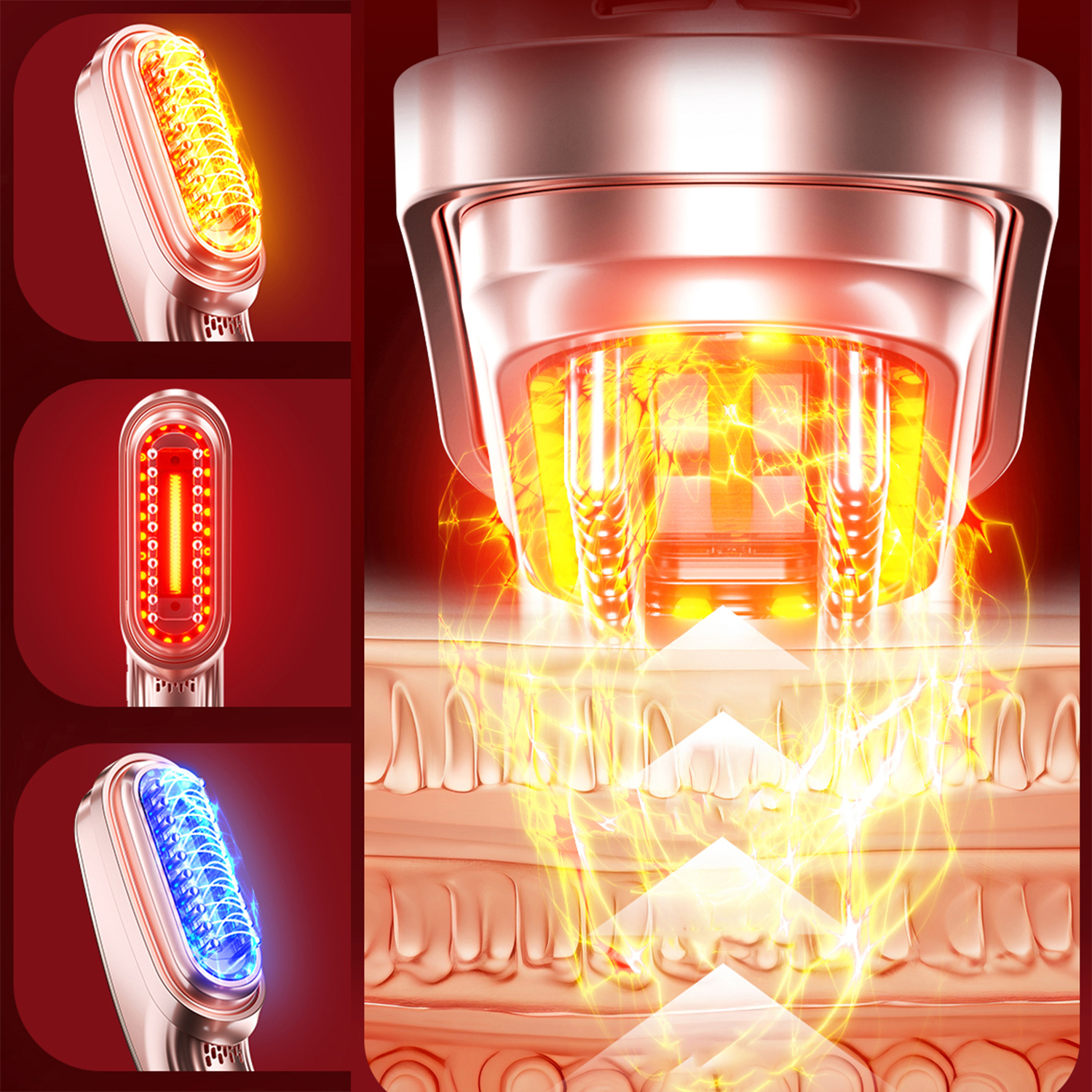 Un dispositivo per il trattamento della pelle emette luce rossa, arancione e blu. L'energia si sposta verso gli strati della pelle. Primo piano del dispositivo e della pelle.