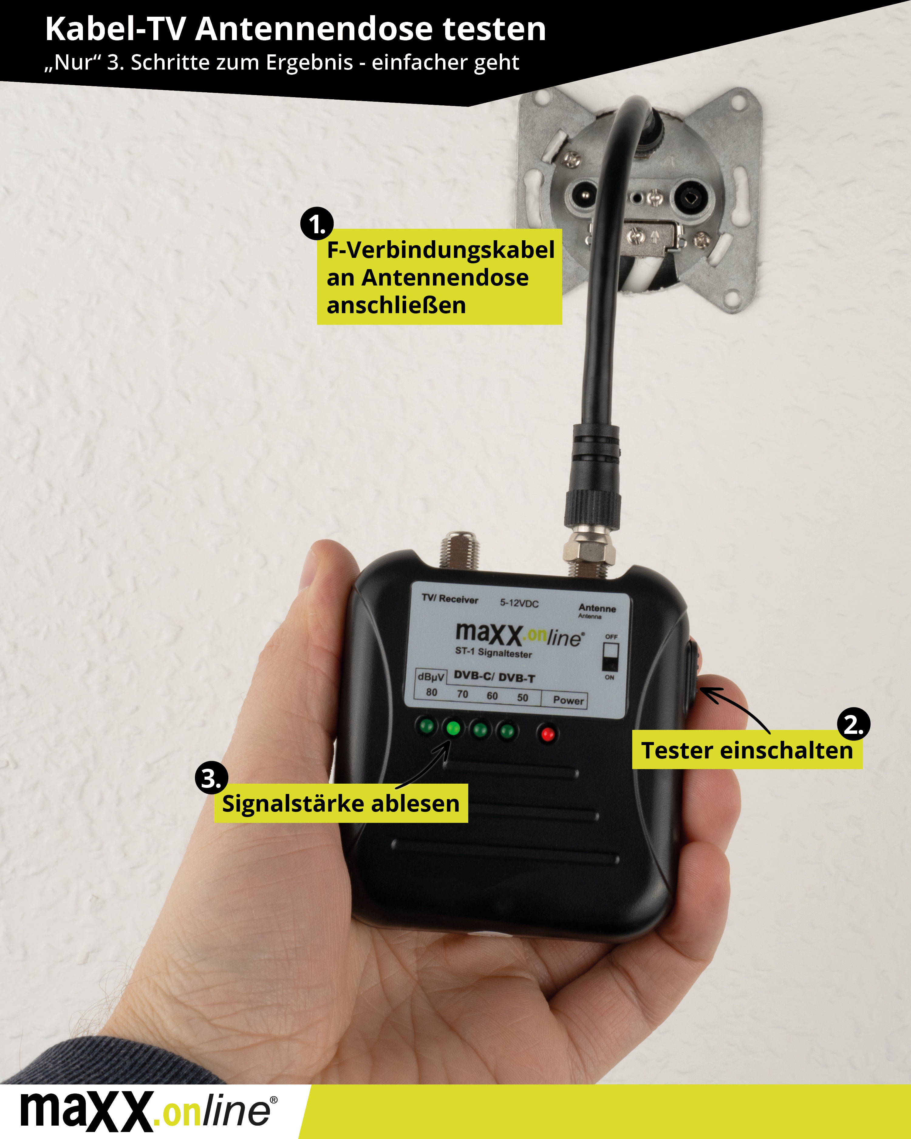 Eine Hand hält einen schwarzen Signaltest, der über ein Kabel mit einer Wandsteckdose verbunden ist. Textbezeichnungen sind vorhanden.