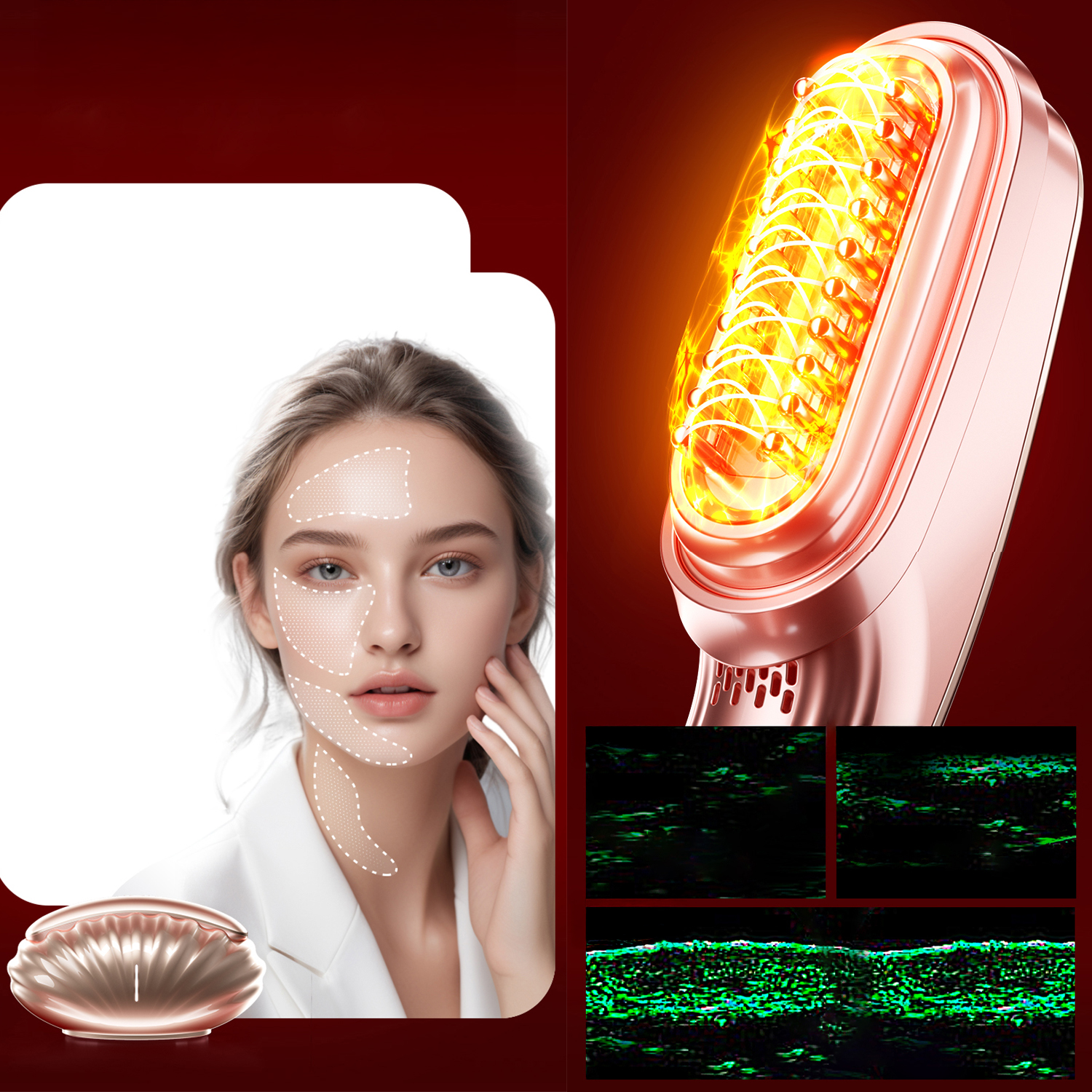 Una donna con contorno del viso, un dispositivo di bellezza e immagini microscopiche della pelle sono visualizzate su sfondo rosso.