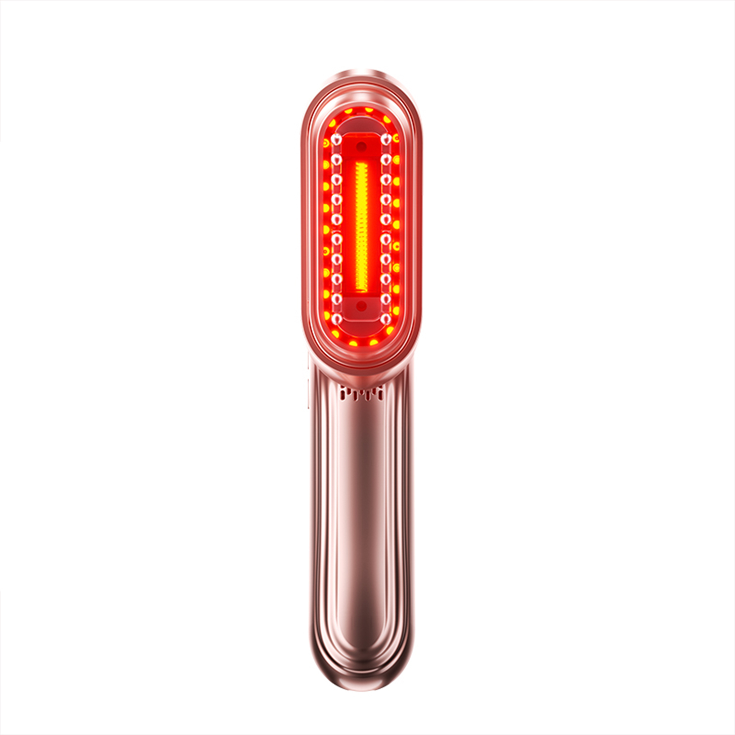 Un dispositivo per la terapia della luce a LED color oro rosa. Ha una testa allungata con luci rosse e un'impugnatura.