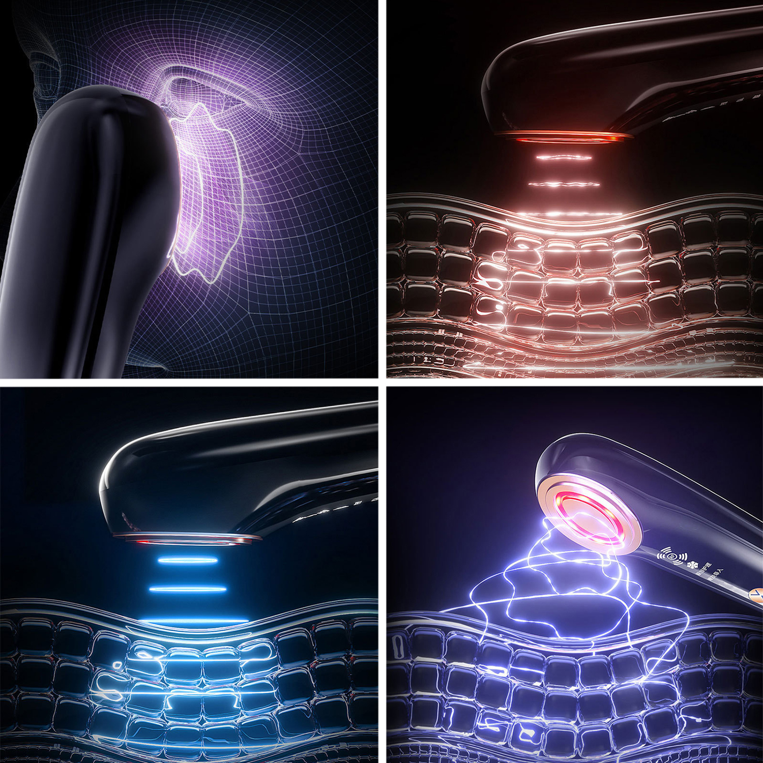 Un dispositivo che emette energia sulla pelle. Diversi pannelli mostrano schemi di energia rossa, blu e viola che interagiscono con la superficie della pelle.