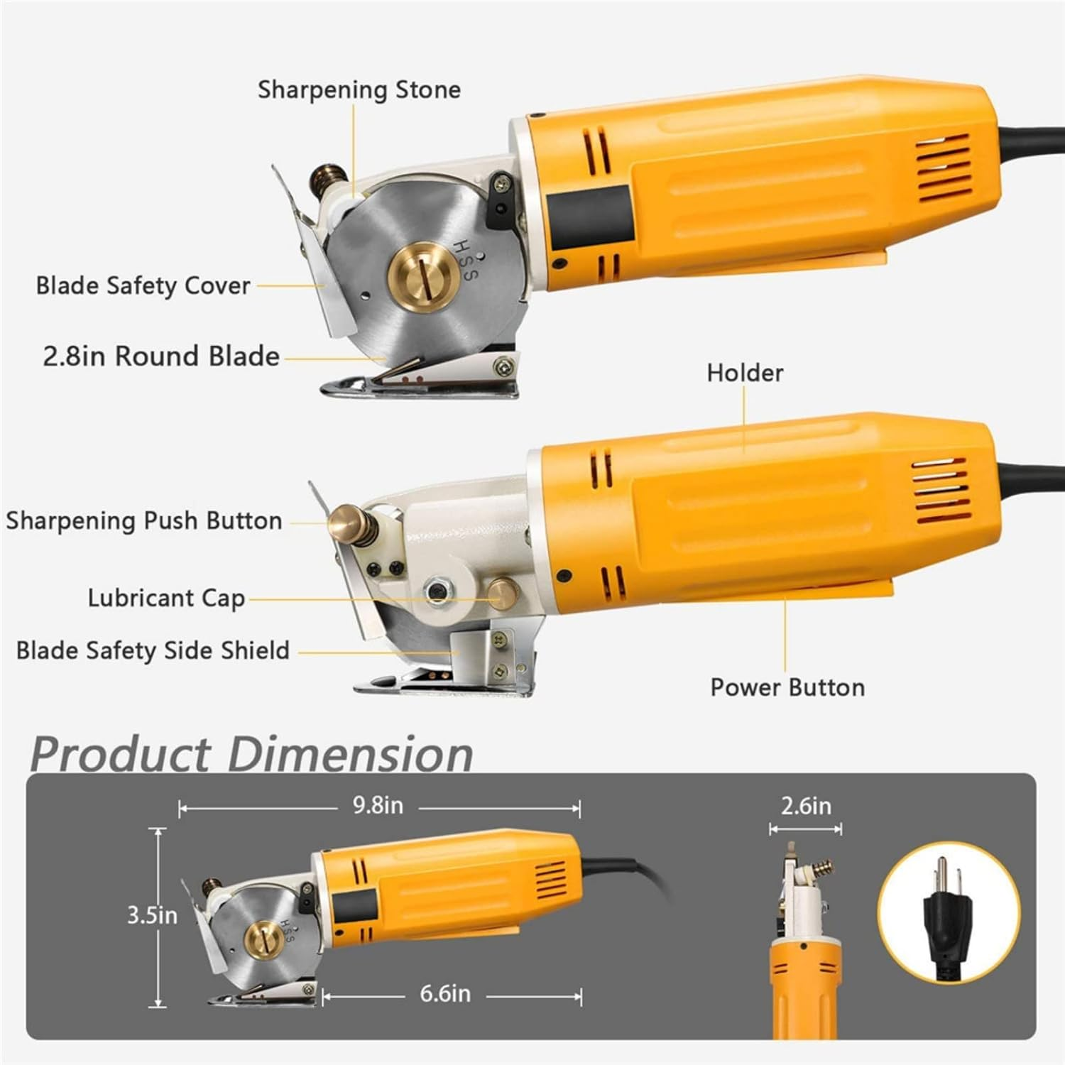Elektrischer Rotationsschneider mit orangefarbenem Griff. Beschriftete Teile: Klinge, Abdeckung, Schleifstein, Druckknopf, Power-Taste, Abmessungen.