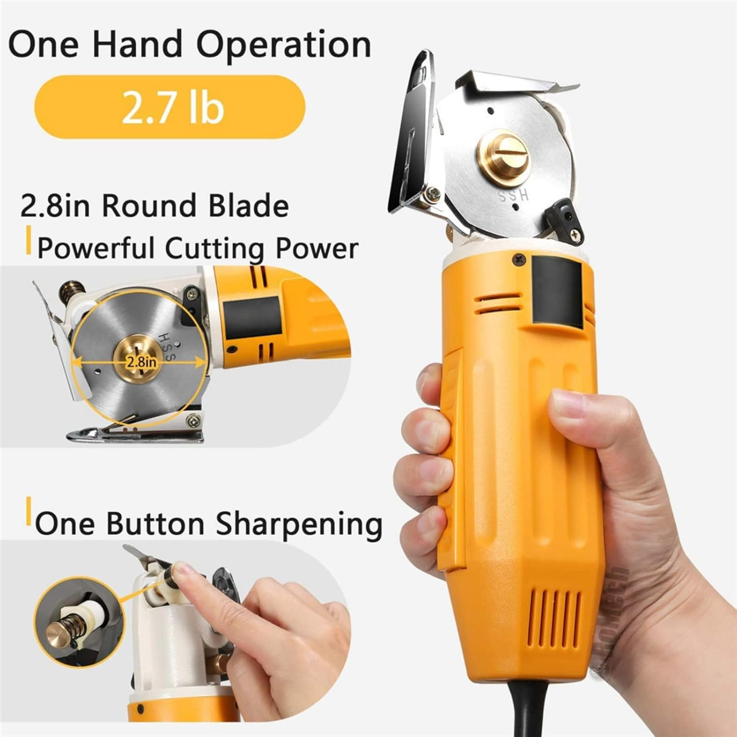 Eine Hand hält einen orangefarbenen elektrischen Schneider mit einer silbernen Klinge. Text zeigt: Einhandbedienung, 2,8-Zoll-Rundklinge, Ein-Knopf-Schärfung.