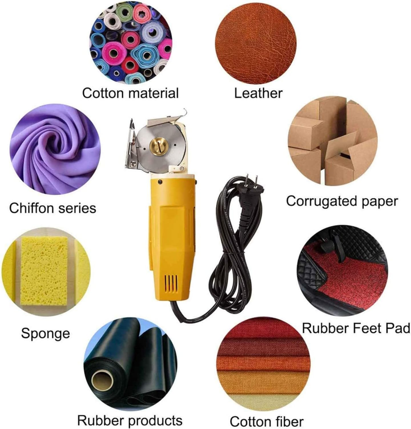 Das Bild zeigt Stoffmuster, Materialien und ein Schneidwerkzeug. Enthält Baumwolle, Leder, Chiffon, Schwamm, Pappe, Gummi und Baumwollfaser.