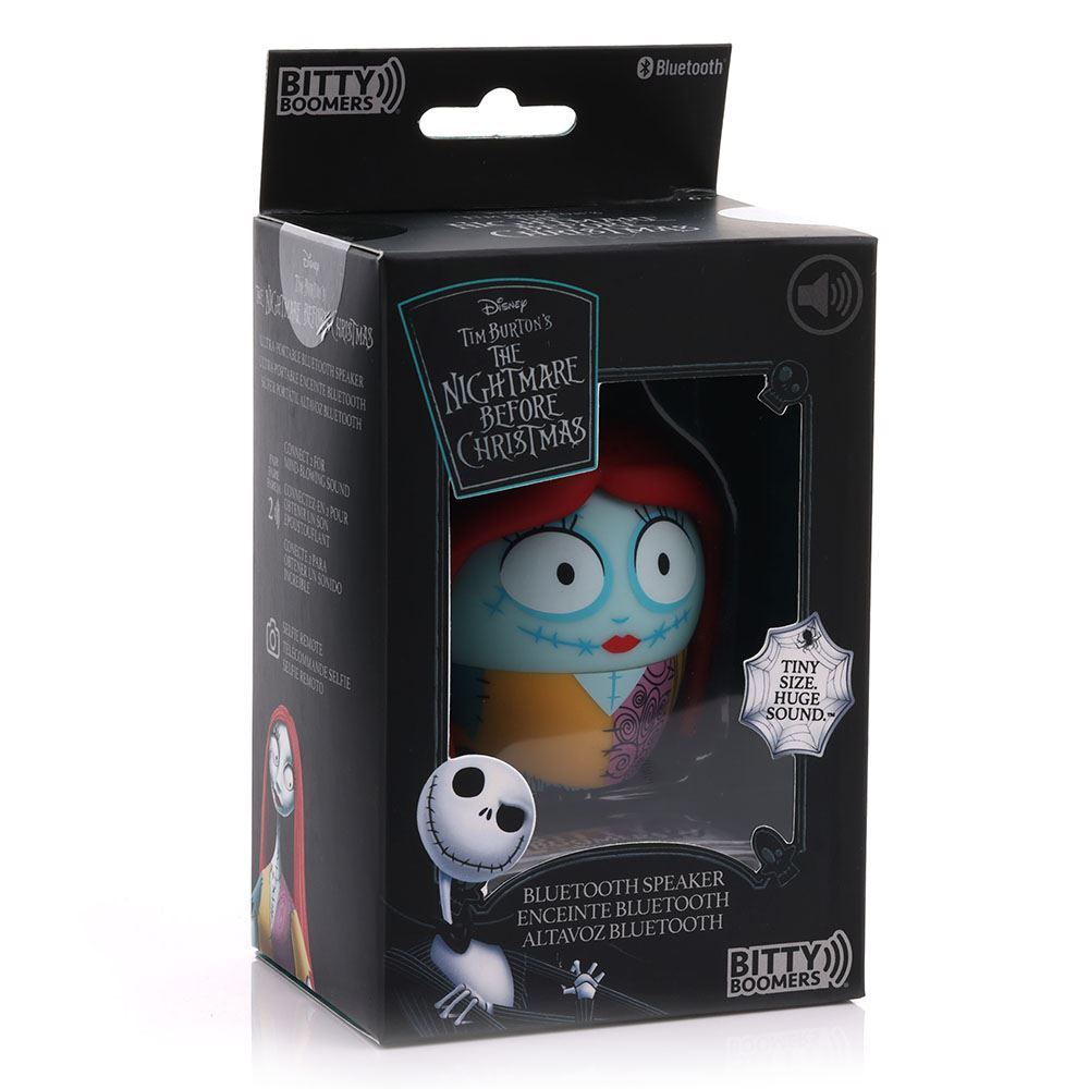 Un altoparlante Sally di 'Nightmare Before Christmas' in una scatola nera. La scatola ha il logo del film e dice 'Tiny Size, Huge Sound'.