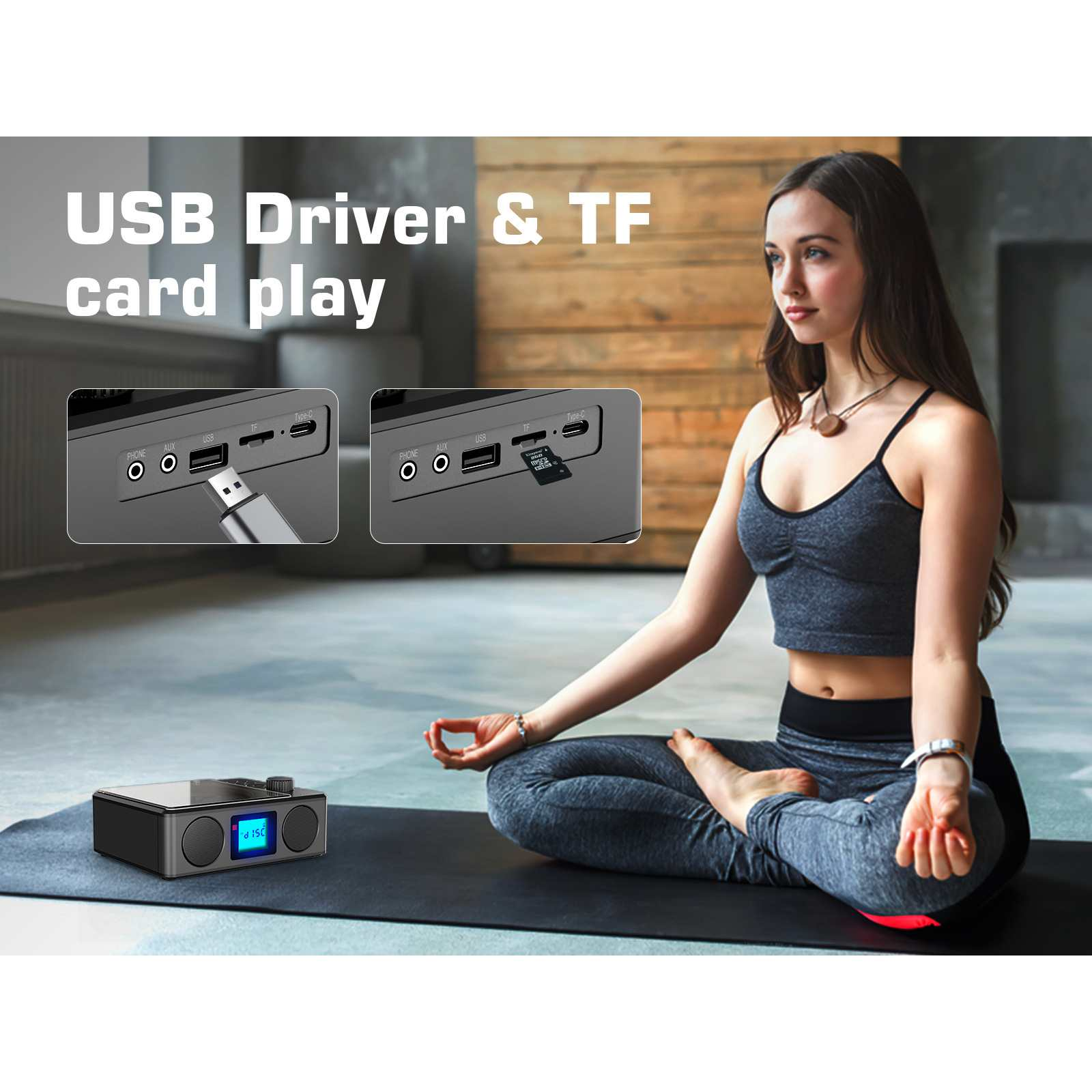 Eine Frau sitzt im Lotussitz. Vorne befindet sich ein Lautsprecher, und oben links Abbildungen von USB/TF-Kartensteckplätzen.
