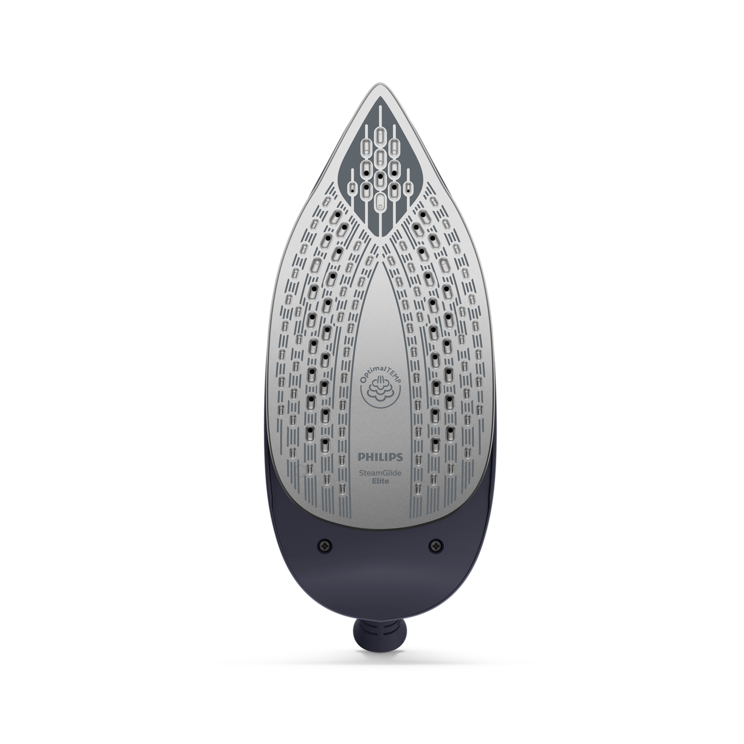 Un fer à repasser Philips SteamGlide Elite sur fond blanc. Le fer est gris et bleu foncé, avec des orifices et le logo Philips visible.