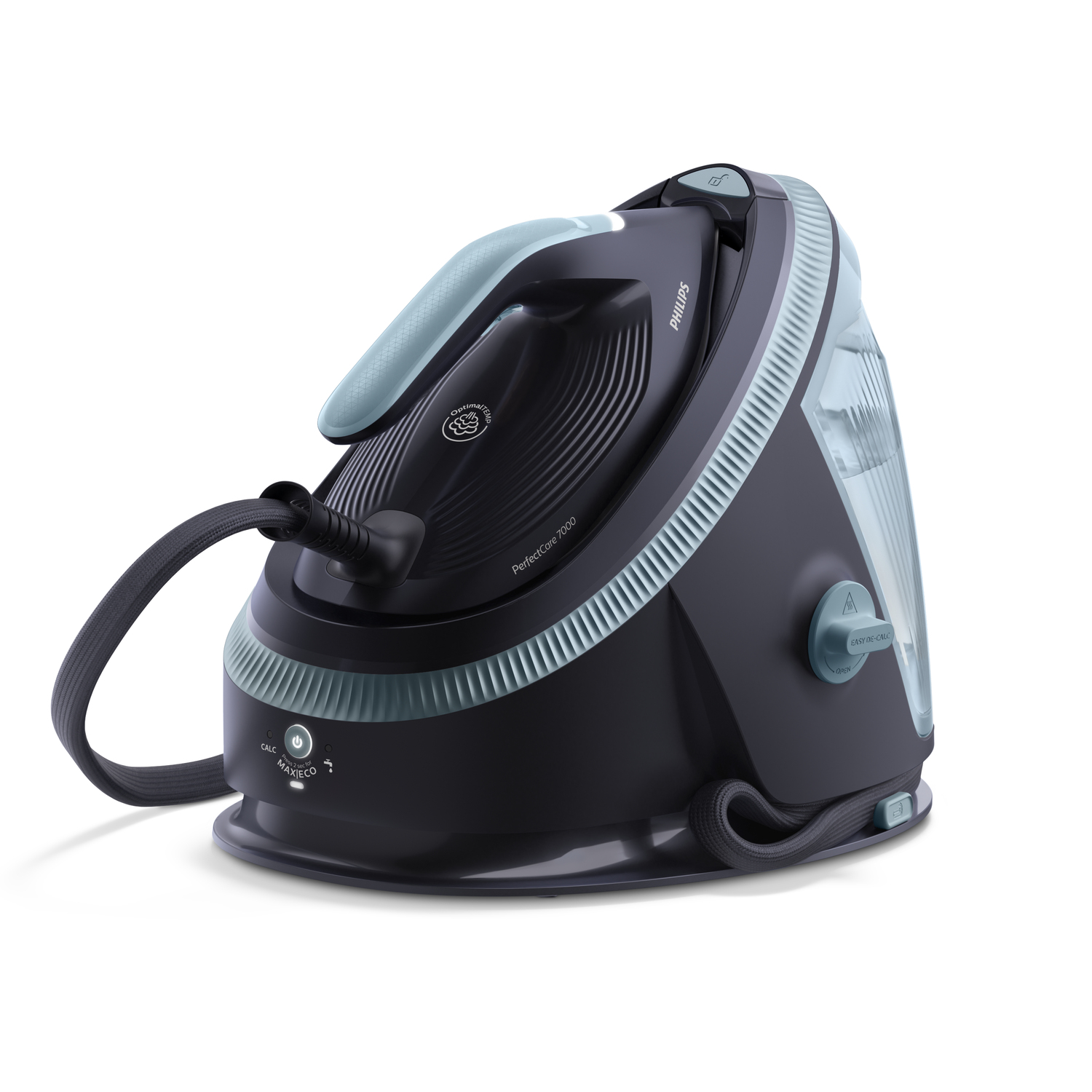 Un fer à repasser Philips PerfectCare 7000, noir et bleu sarcelle, avec un réservoir d'eau. Comprend un bouton d'alimentation et une fonction facile de détartrage.