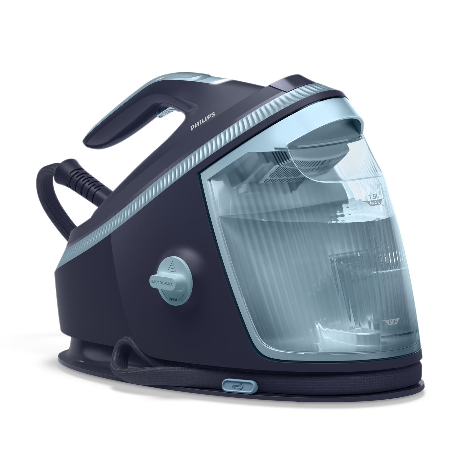 Un fer à repasser générateur de vapeur Philips. Il est bleu marine avec des accents bleu clair. Un réservoir d'eau transparent est à droite. La poignée est noire avec un cordon noir.