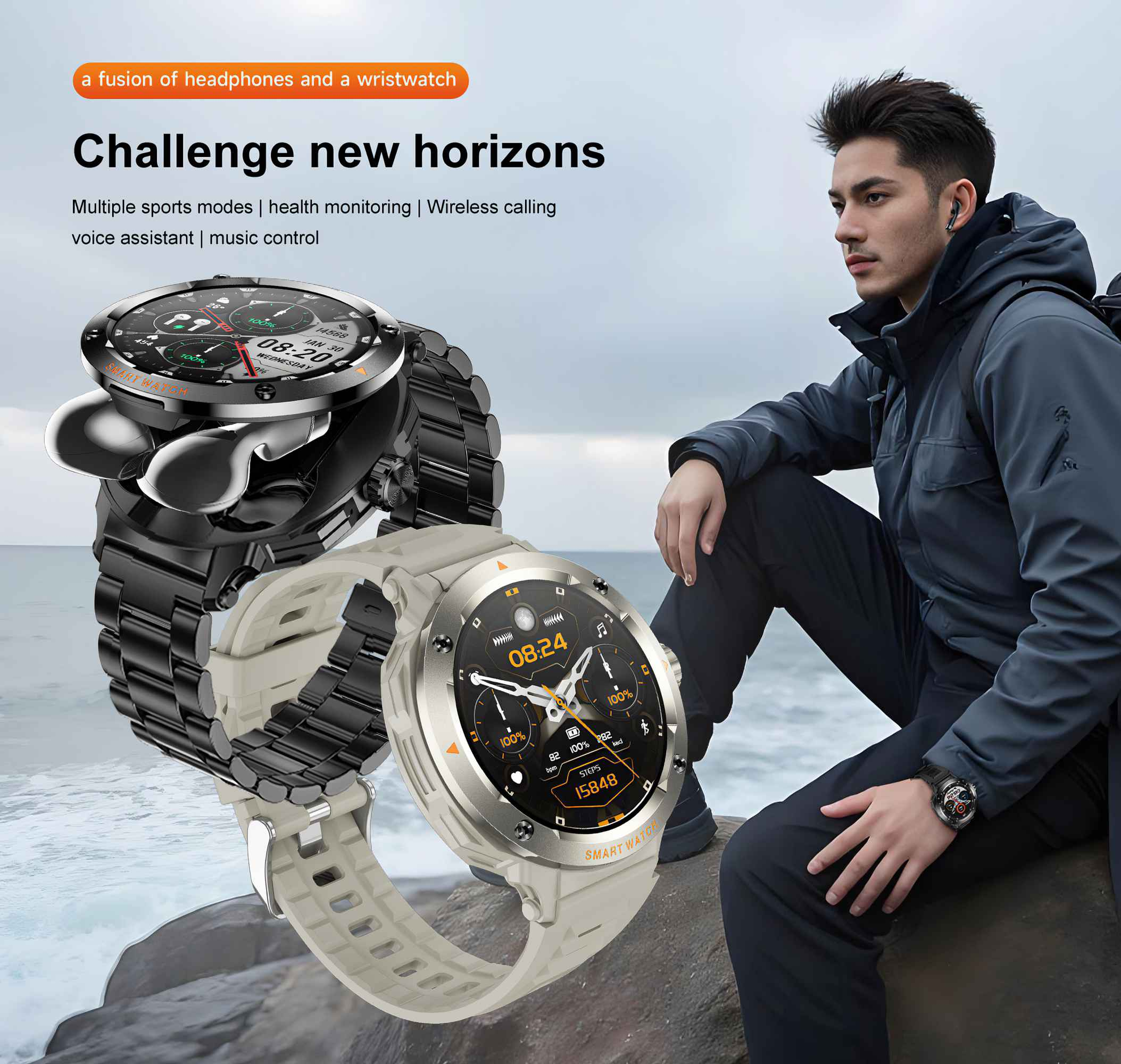 Ein Mann mit Ohrhörern und einer Smartwatch sitzt auf einem Felsen. Zwei Smartwatches werden mit Text über Funktionen gezeigt.