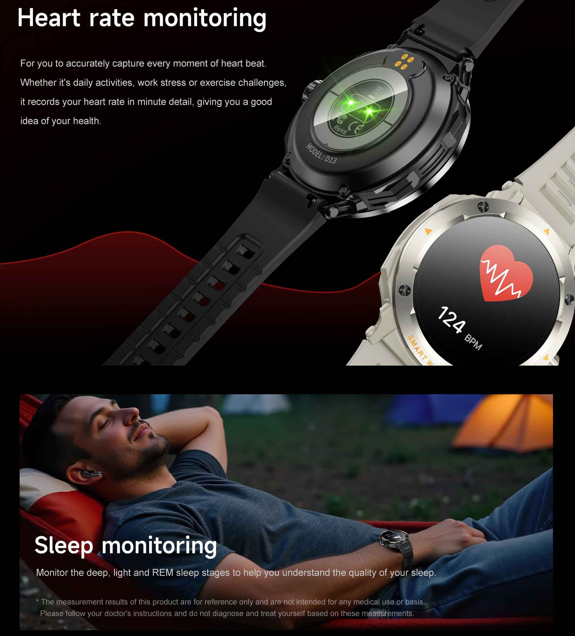 Eine Smartwatch mit Herzfrequenz- und Schlafüberwachungsfunktionen, mit einem Mann, der in einer Hängematte schläft.