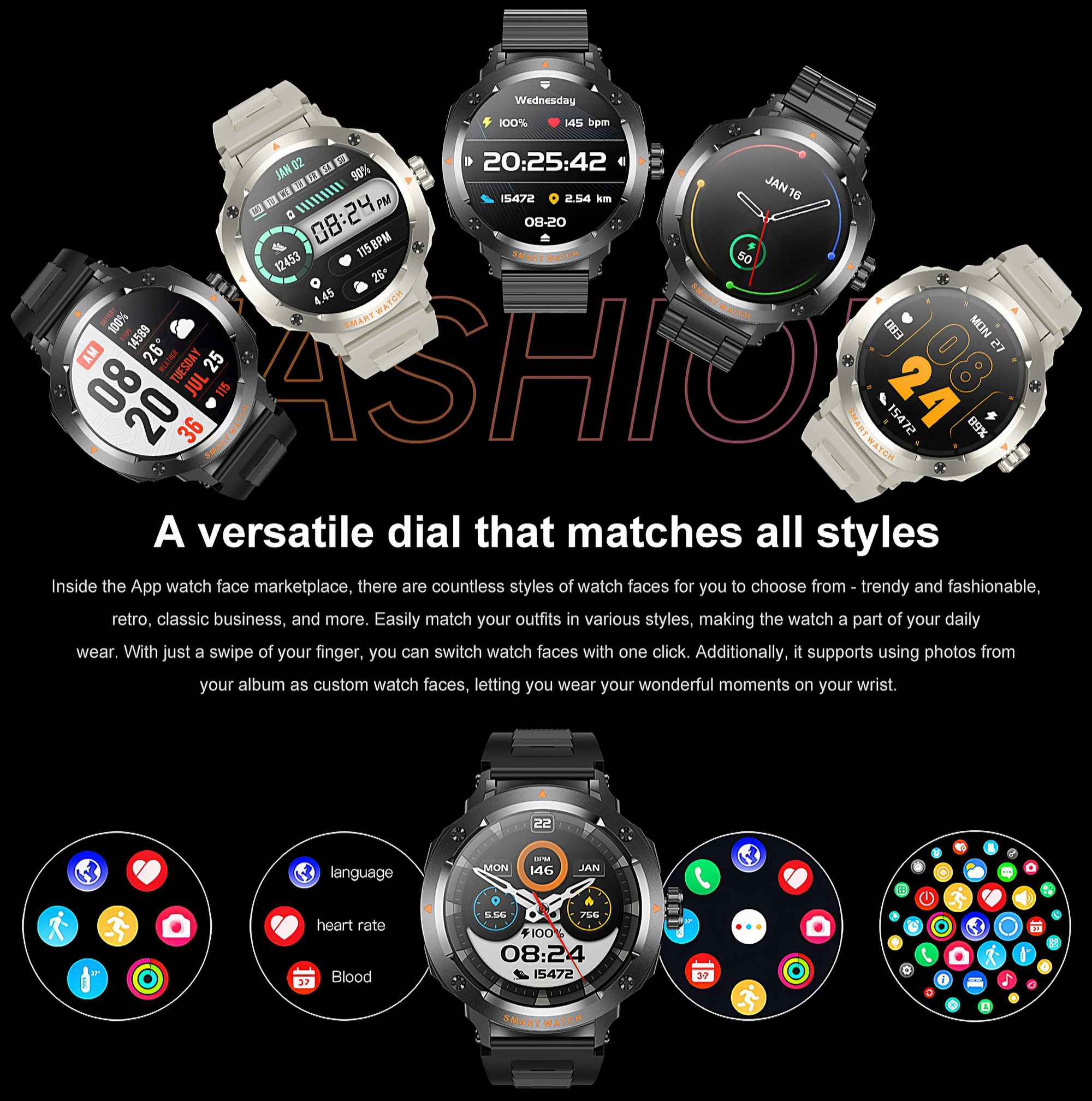 Das Bild zeigt Smartwatches mit verschiedenen Zifferblättern. Der Text lautet 'Ein vielseitiges Zifferblatt, das zu allen Stilen passt'.