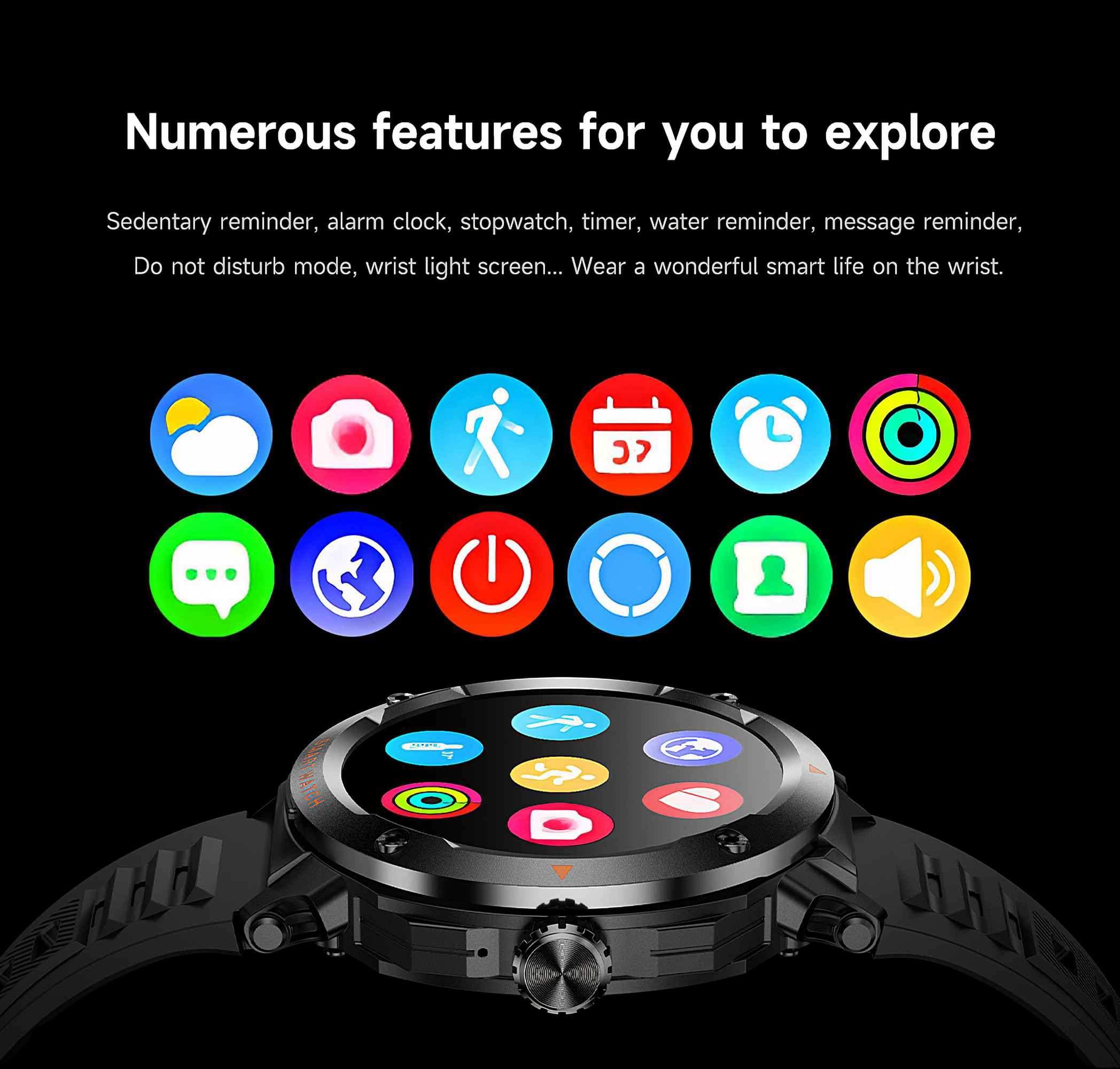 Eine Smartwatch auf schwarzem Hintergrund. Es zeigt Symbole für verschiedene Funktionen an. Text listet Funktionen wie Alarm, Timer und Nachrichten-Erinnerung auf.