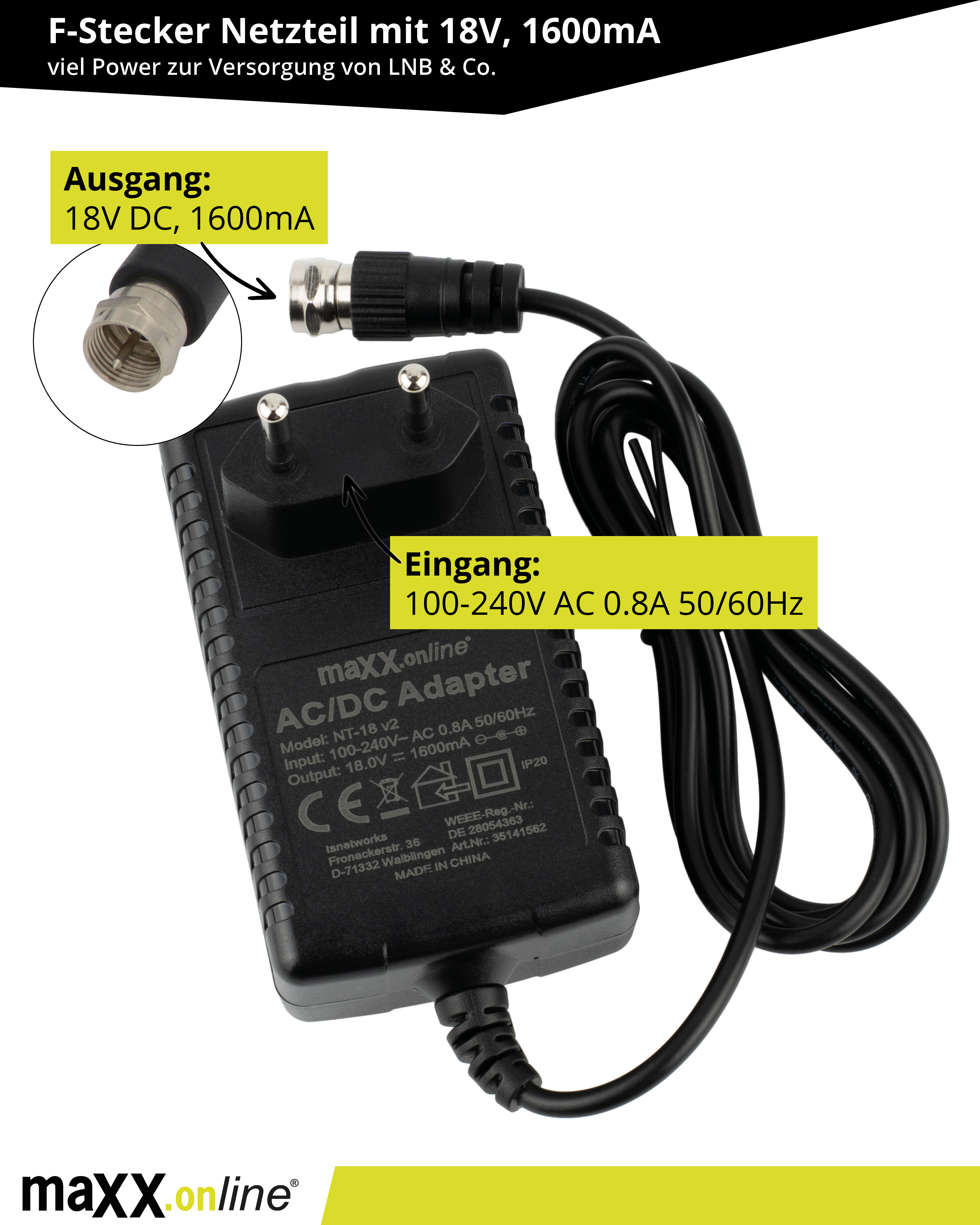 Schwarzes AC/DC-Netzteil mit Kabel und Stecker, beschriftet mit Spezifikationen und Markennamen.