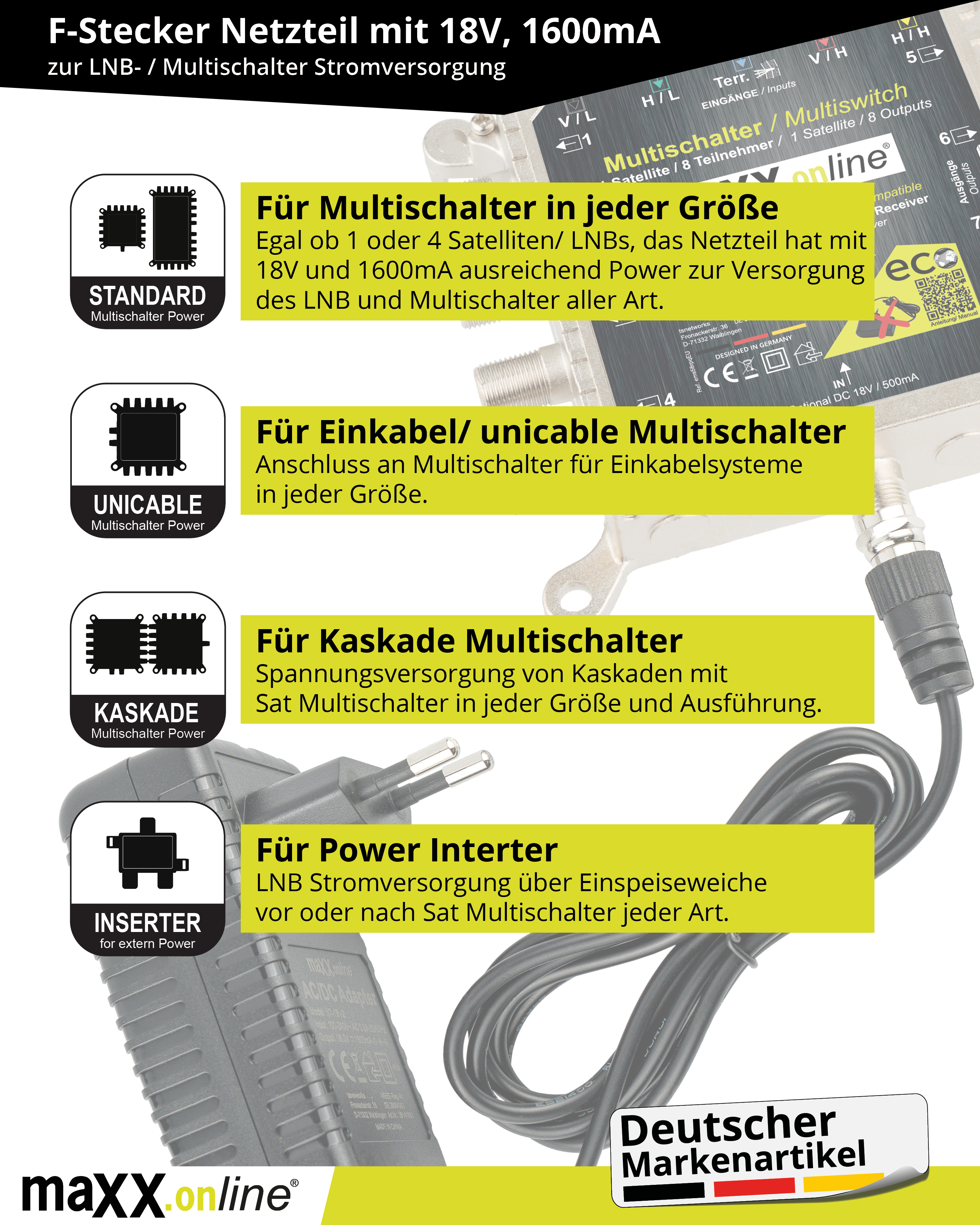 Das Bild zeigt ein Netzteil, Anschlüsse und Text auf Deutsch, der verschiedene Adaptertypen beschreibt.