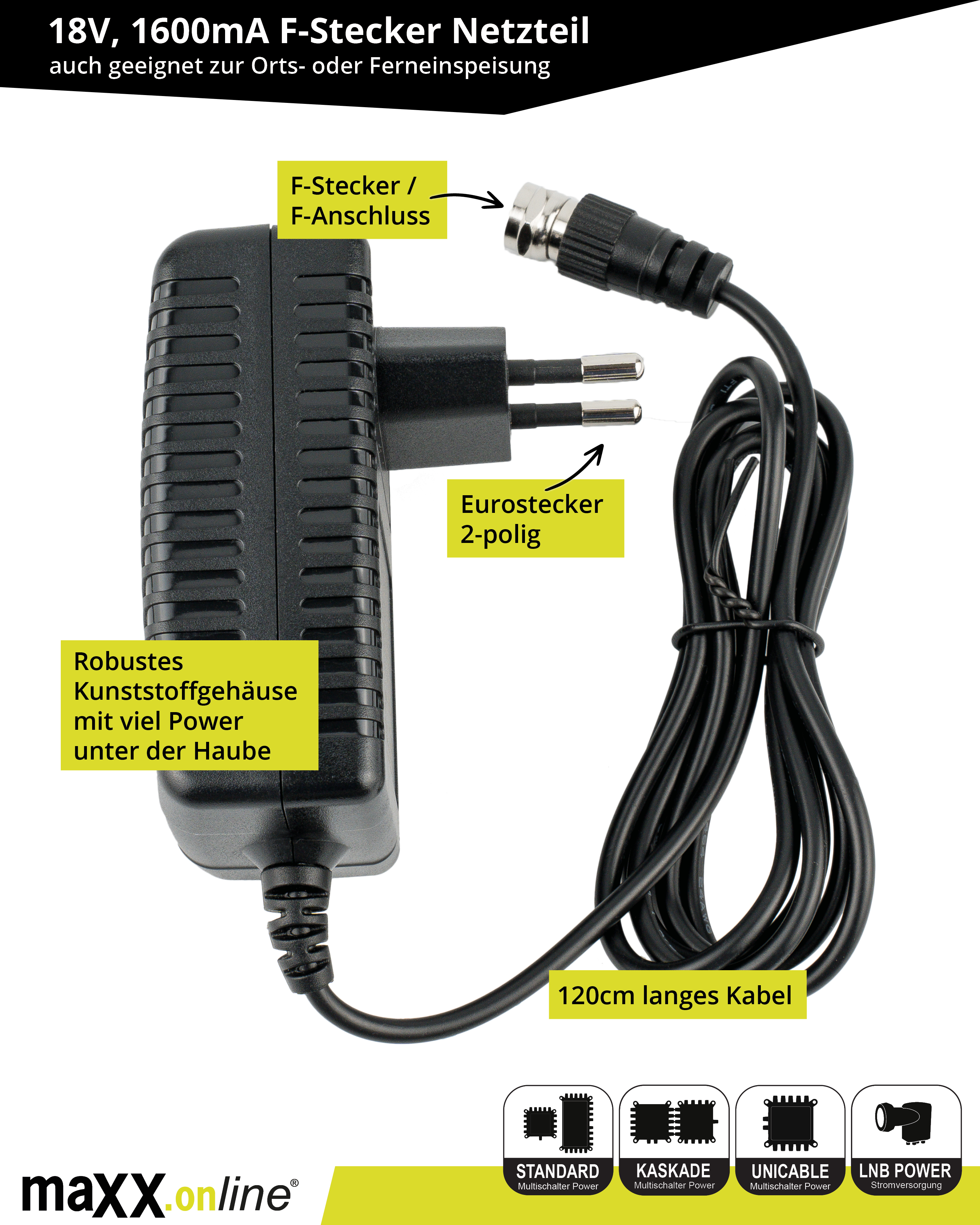 Ein schwarzes Netzteil mit Etiketten und einem schwarzen Kabel. Es hat einen Eurostecker und einen F-Anschluss.