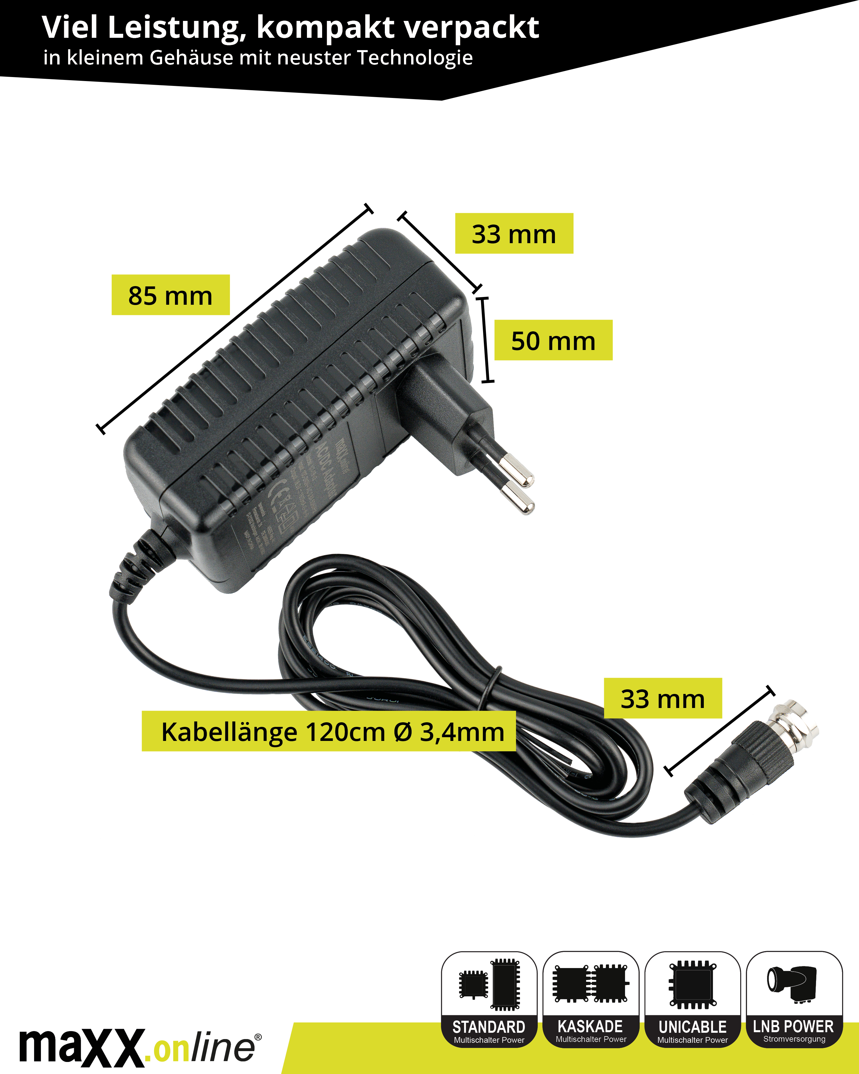 Schwarzes AC/DC-Adapter mit Kabel und Maßangaben. Es hat einen Stecker und einen Anschluss.