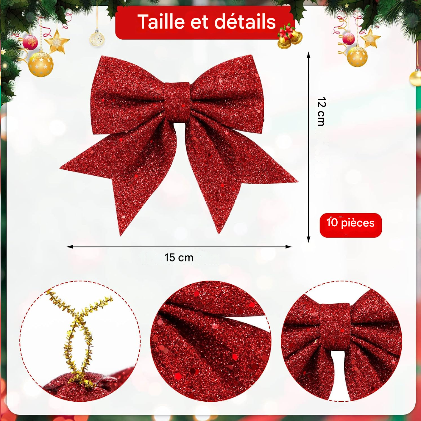 Rote Glitzer-Schleife mit Größenangaben: 15 cm Breite, 12 cm Höhe. Kleine Schleifen-Details, 10 Stück. Weihnachtsdekoration im Hintergrund.