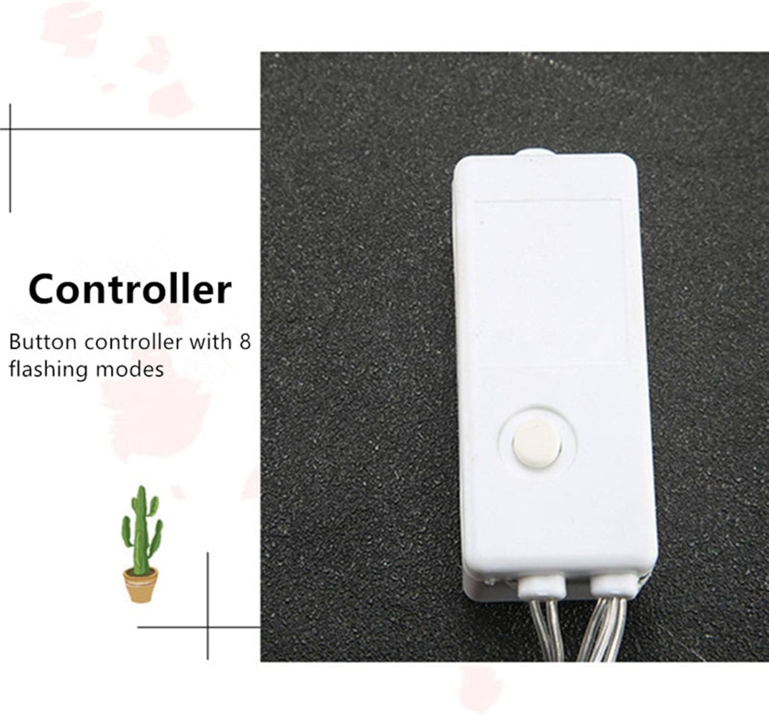 Ein weißer Knopf-Controller mit Kabeln. Text: Controller, Button-Controller mit 8 Blinkmodi. Kaktus-Illustration.