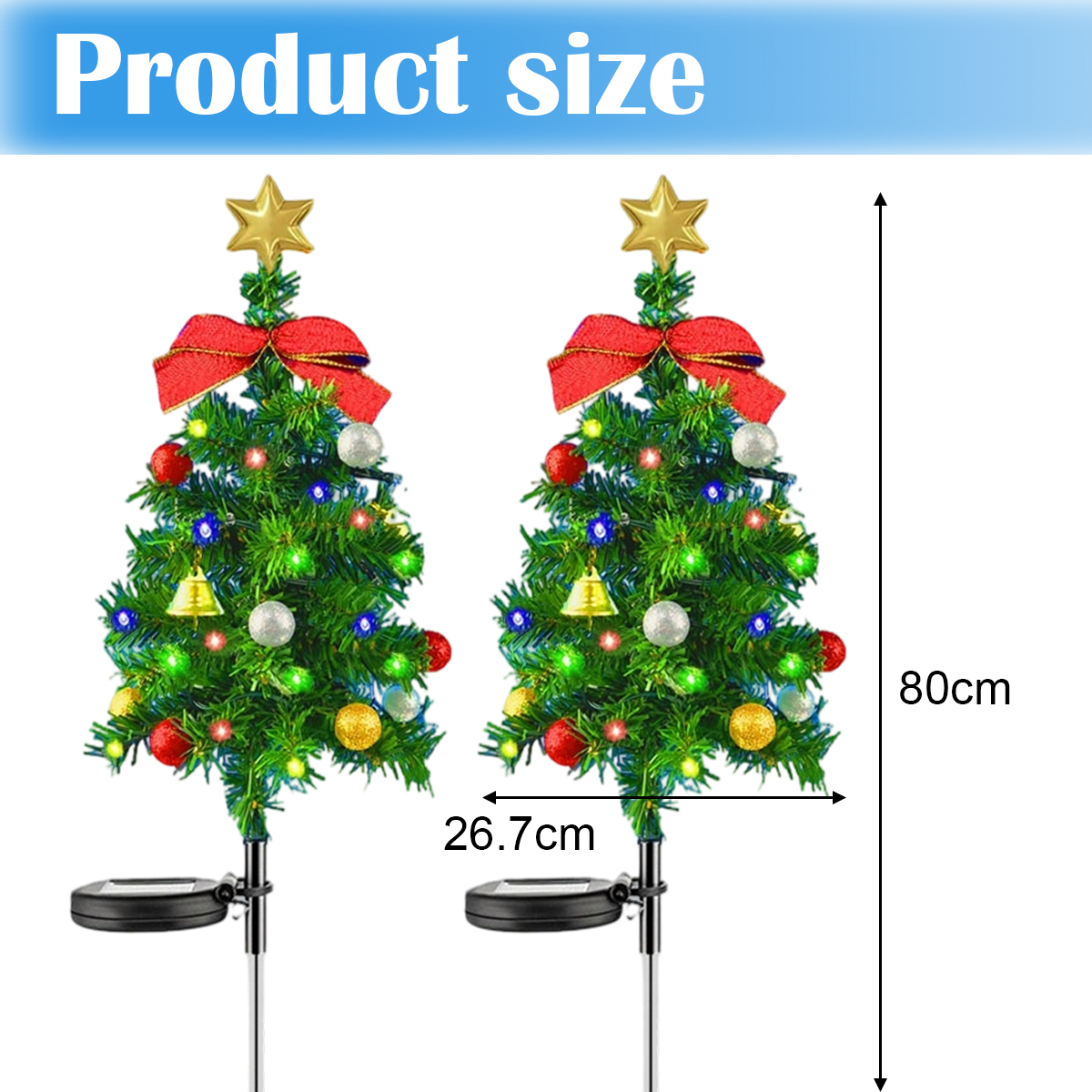 Zwei dekorative Weihnachtsbäume mit Ornamenten, Schleifen und Sternaufsätzen werden gezeigt. Abmessungen sind beschriftet: 80 cm hoch und 26,7 cm breit.