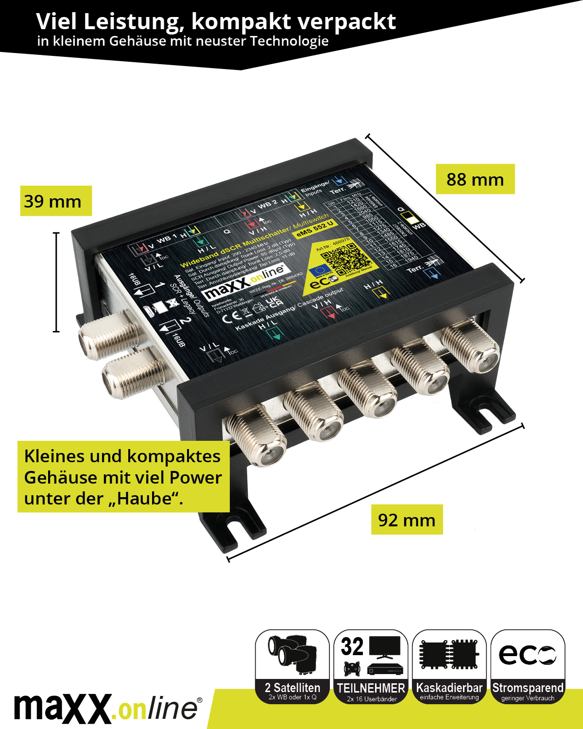Ein schwarzes elektronisches Gerät mit silbernen Anschlüssen, beschriftet mit 'maxx.online' und technischen Daten.