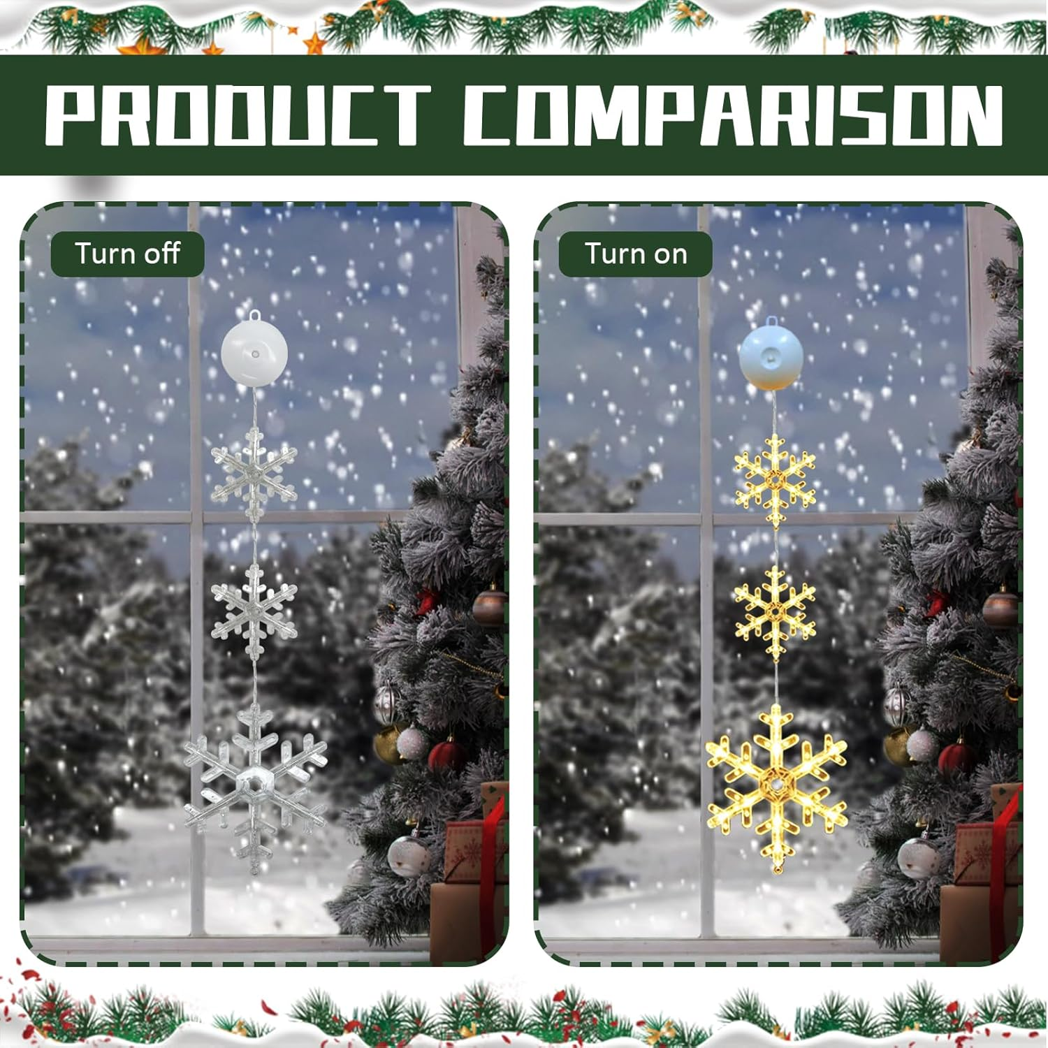 Produktvergleich: Schneeflockenlichter ein- und ausschalten. Schnee draußen am Fenster. Weihnachtsbaum rechts.