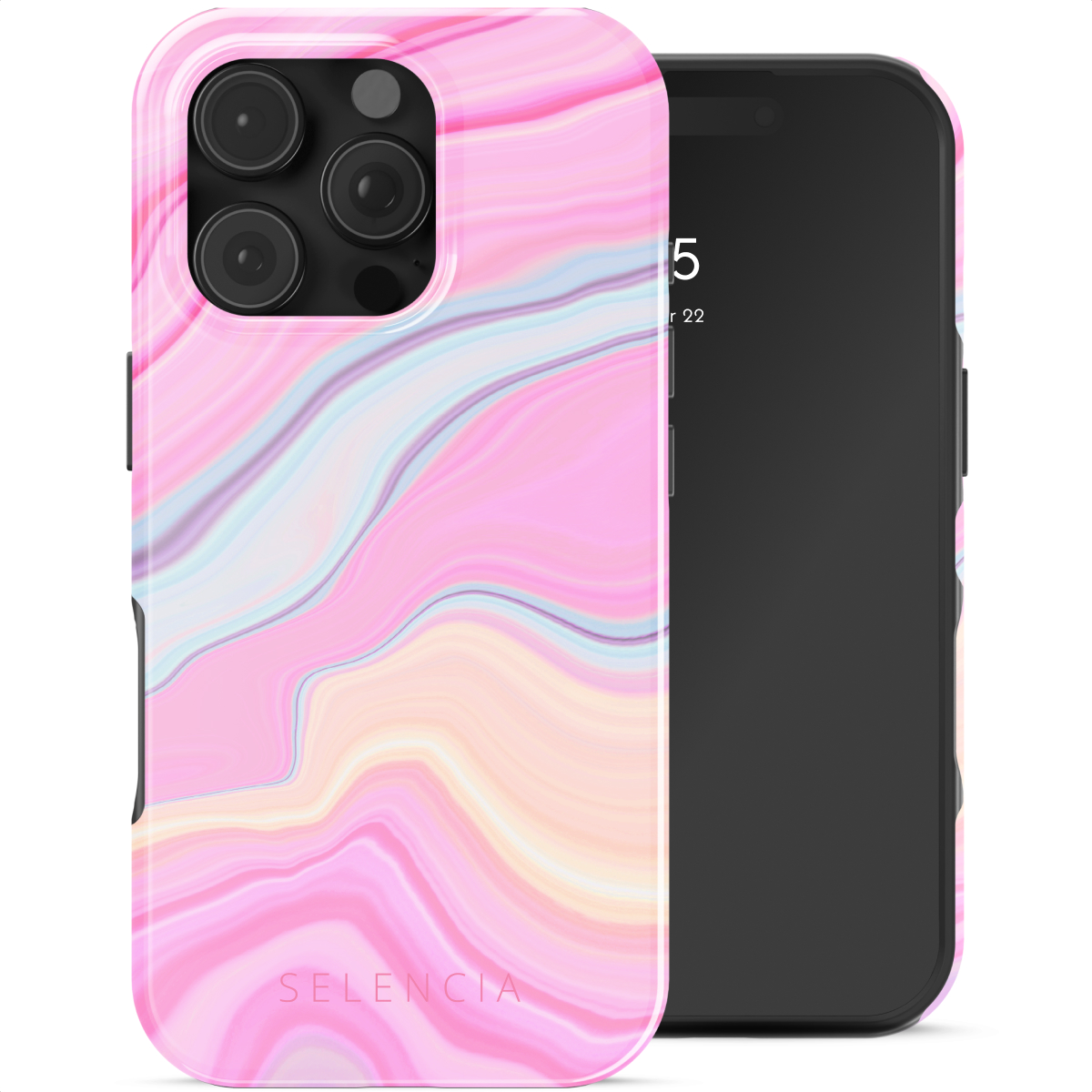 Un smartphone avec une coque rose à motifs marbrés, écran noir affichant l'heure, et la marque 'Selencia' en bas.