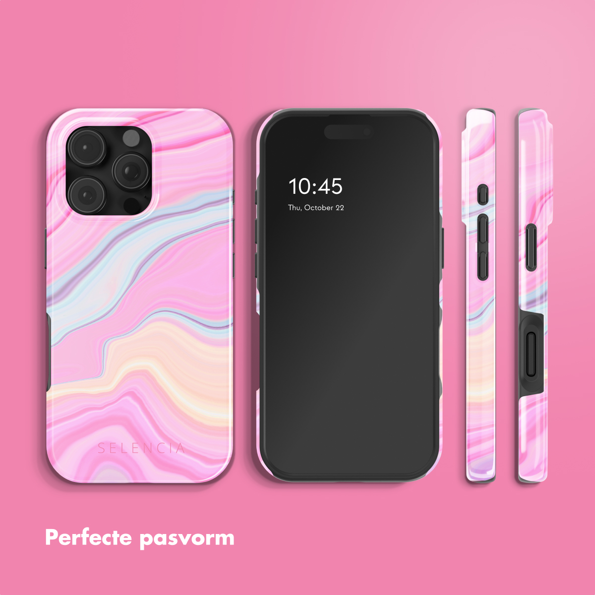 Un téléphone et des coques avec un motif marbre rose sur fond rose. Le téléphone affiche l'heure 10h45.