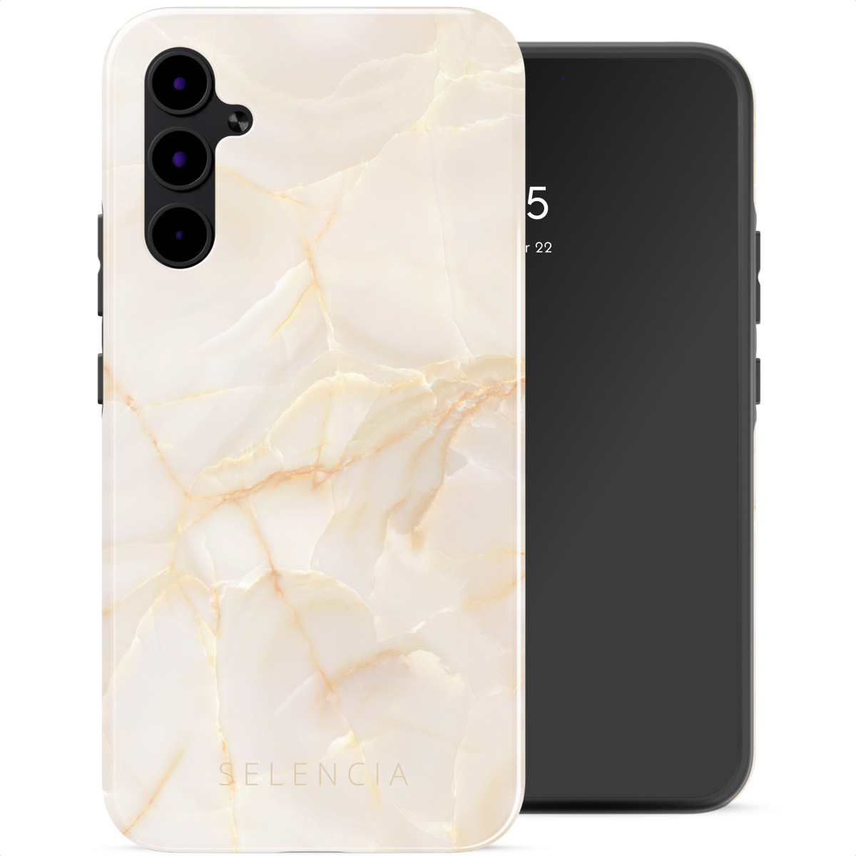Een telefoon met een marmerpatroon hoesje en een andere telefoon met een zwart scherm op een witte achtergrond.