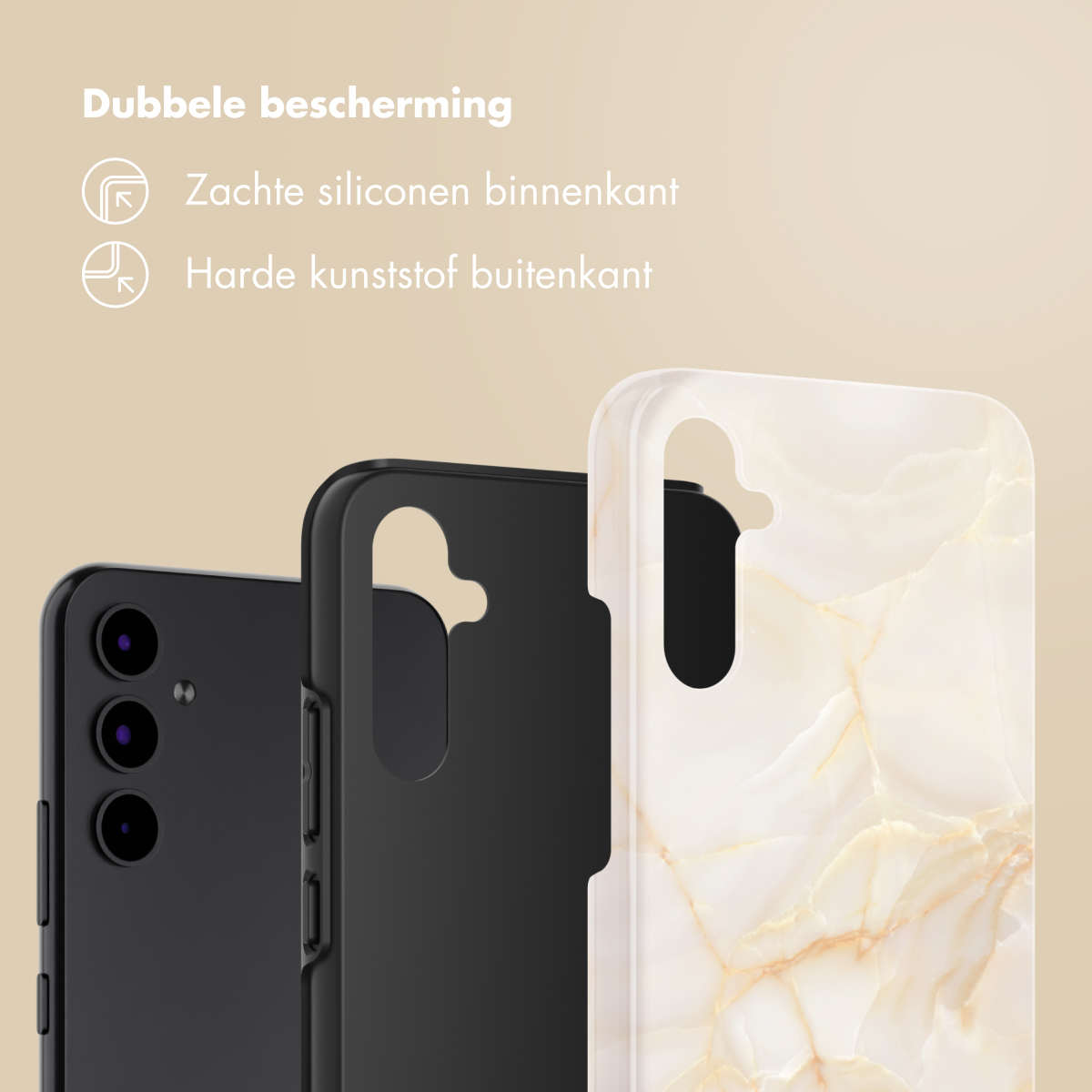Drie telefoonhoesjes: zwart, zwart en wit met marmerpatroon. Tekst erboven: 'Dubbele bescherming' en 'Zachte siliconen binnenkant'.