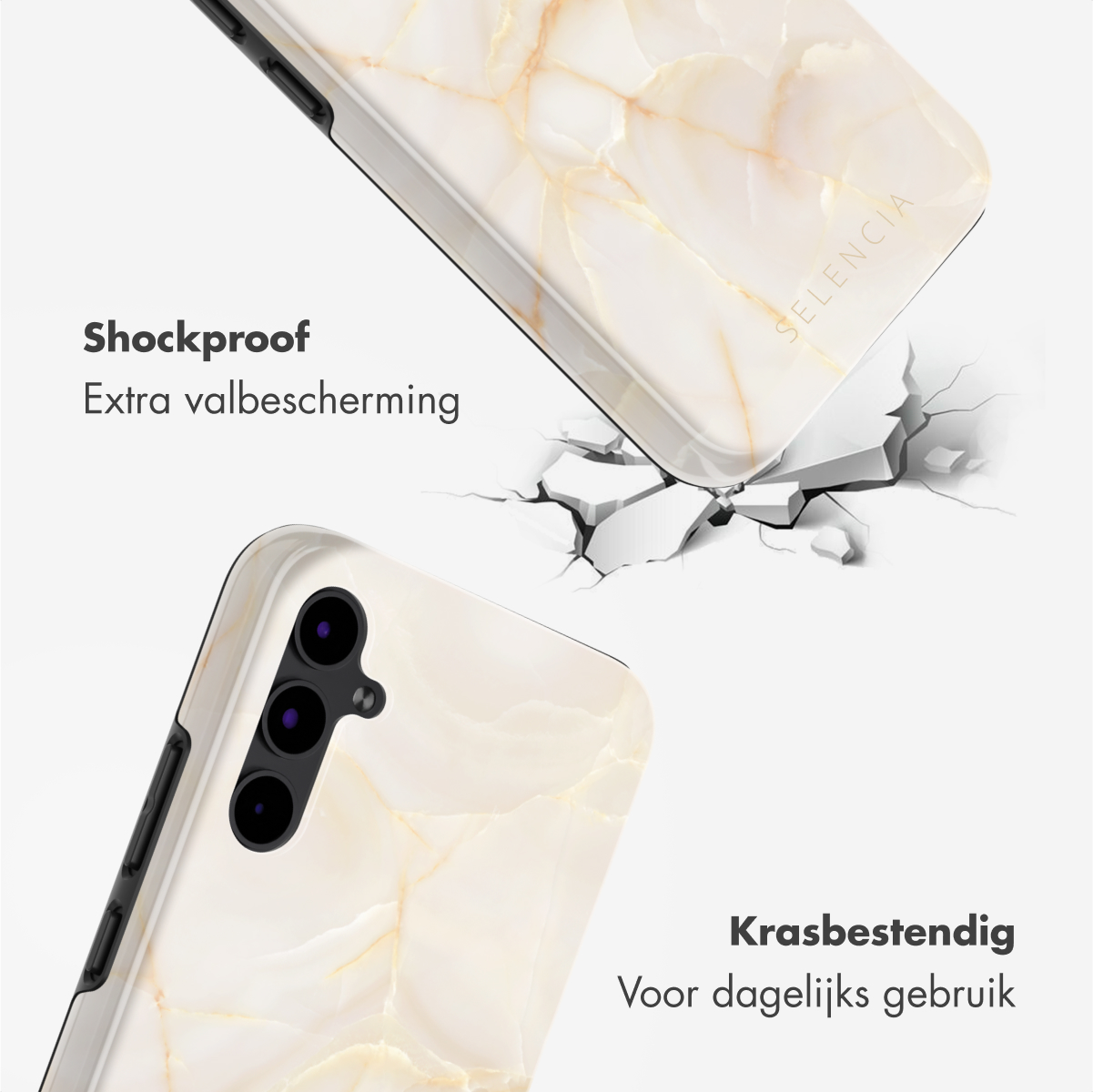 Twee telefoonhoesjes met marmertextuur, één gebarsten. Tekst: Schokbestendig, extra bescherming en krasbestendig voor dagelijks gebruik.