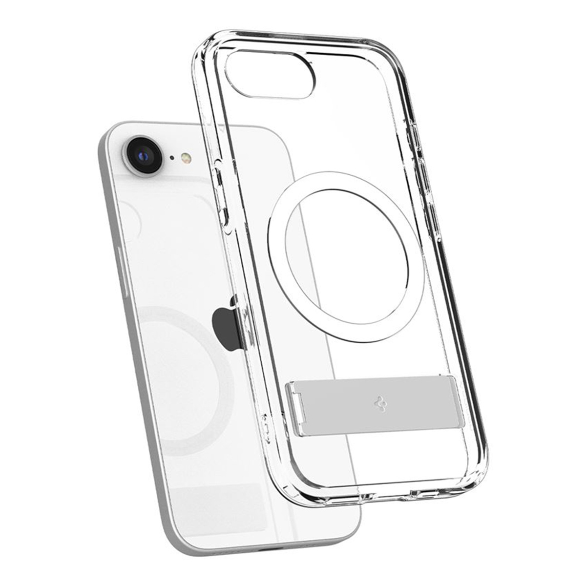 Przezroczyste etui na telefon i biały smartfon. Etui jest przezroczyste, pokazując tył telefonu i logo Apple. Etui ma podpórkę.