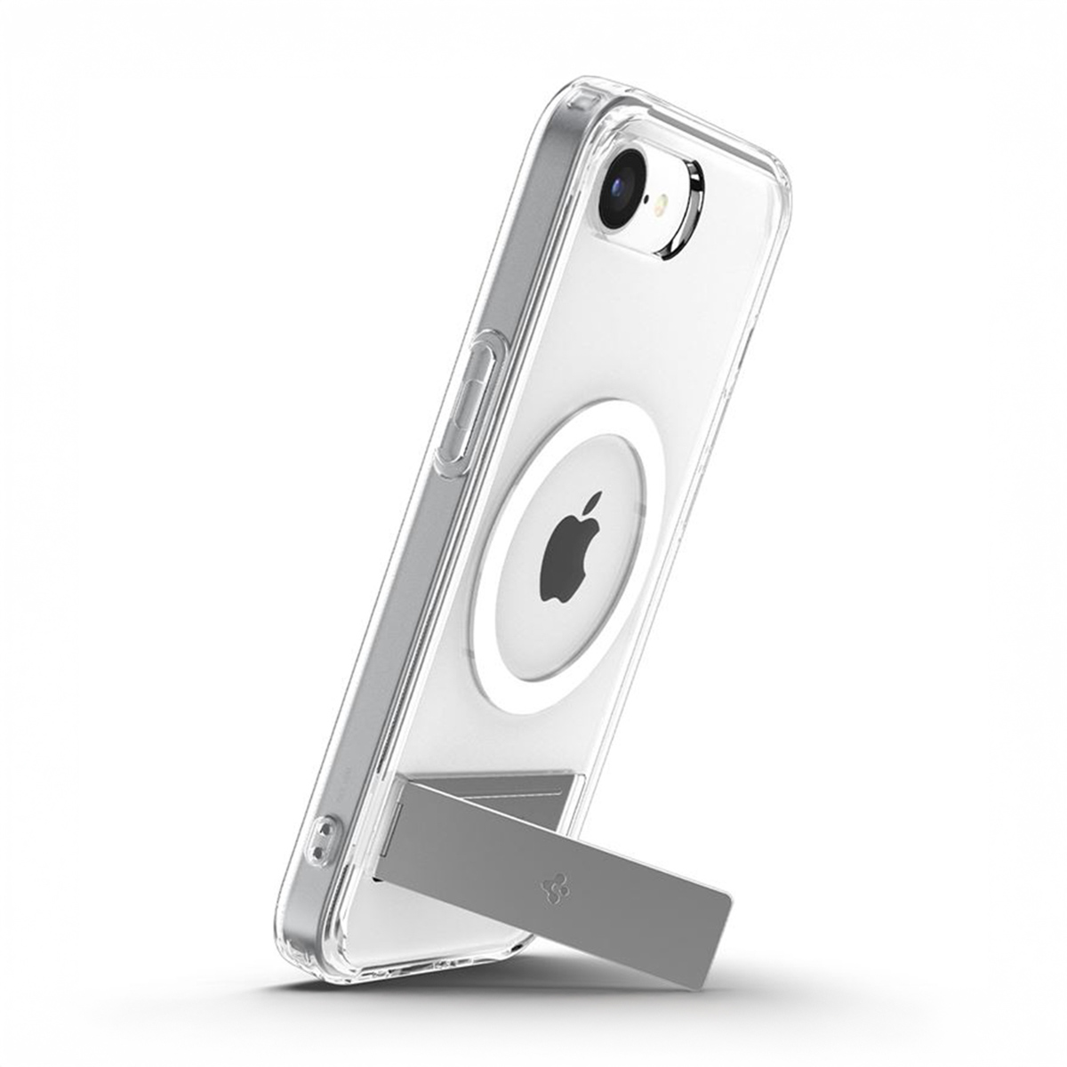 Een transparante iPhone-hoes met een zilveren standaard. De hoes heeft een zwart Apple-logo en een cameralens. De standaard is grijs.