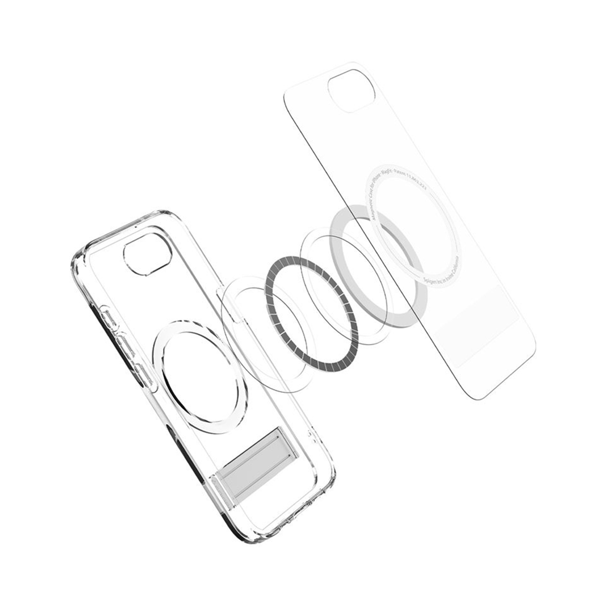 Transparante telefoonhoesjes met magnetische ring en standaard. Onderdelen gescheiden, tonen de montage. Witte achtergrond.