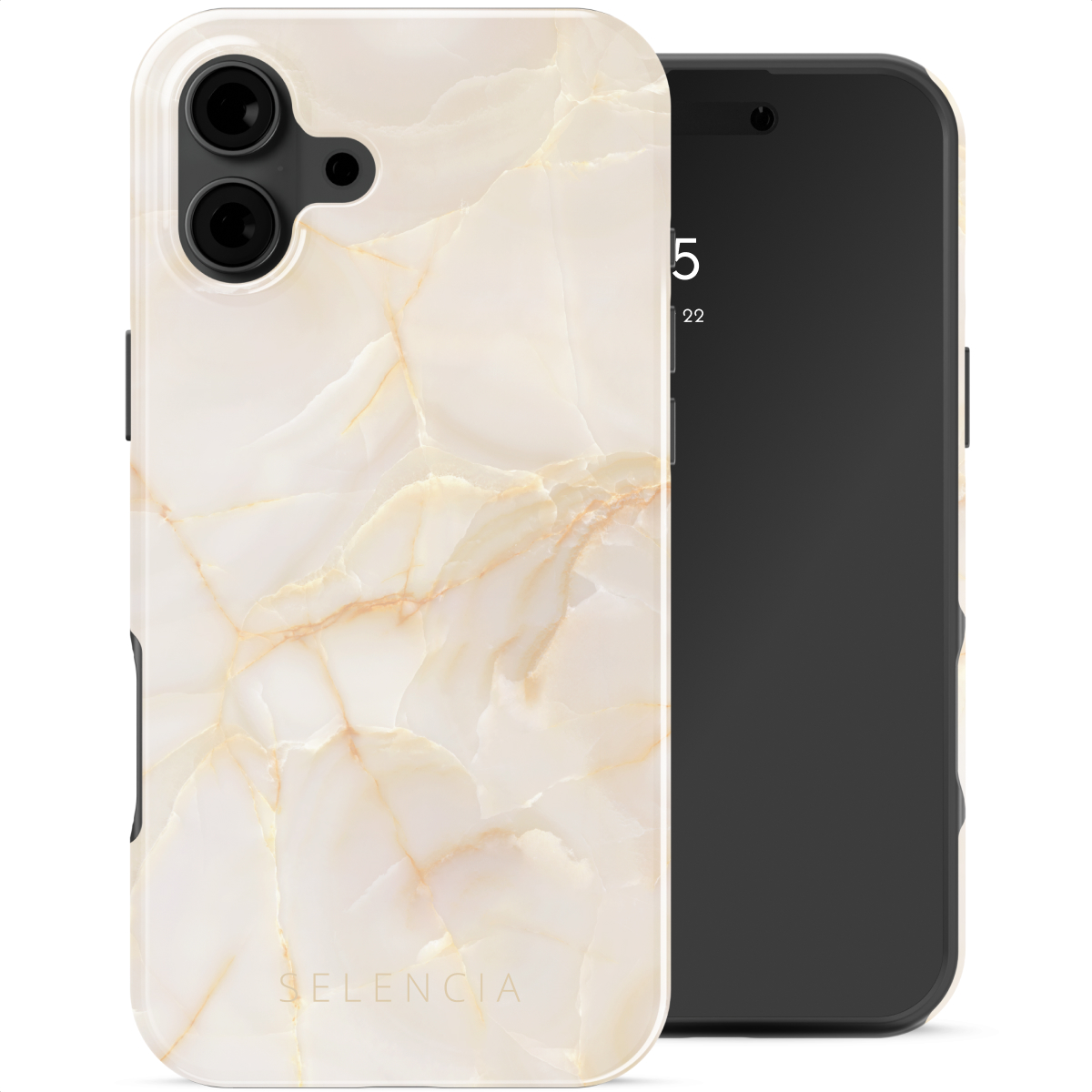 Uno smartphone con una custodia a motivo marmoreo. Lo schermo mostra l'ora. La custodia è bianca con venature beige e arancioni.