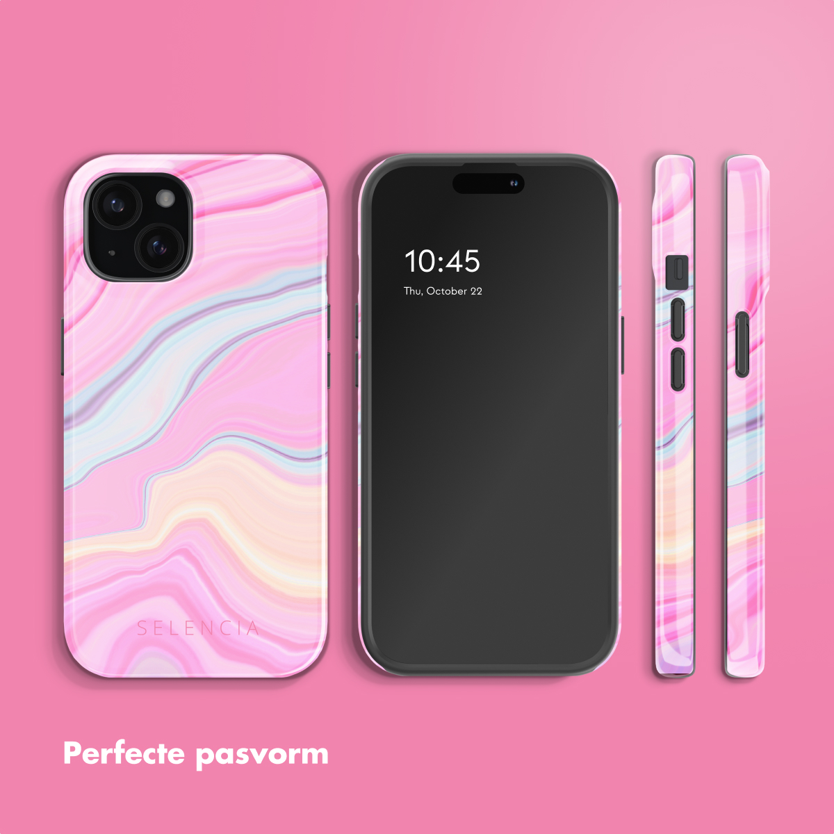 Pink phone case with marble design, phone with black screen, and two side views on a pink background. The time is 10:45.