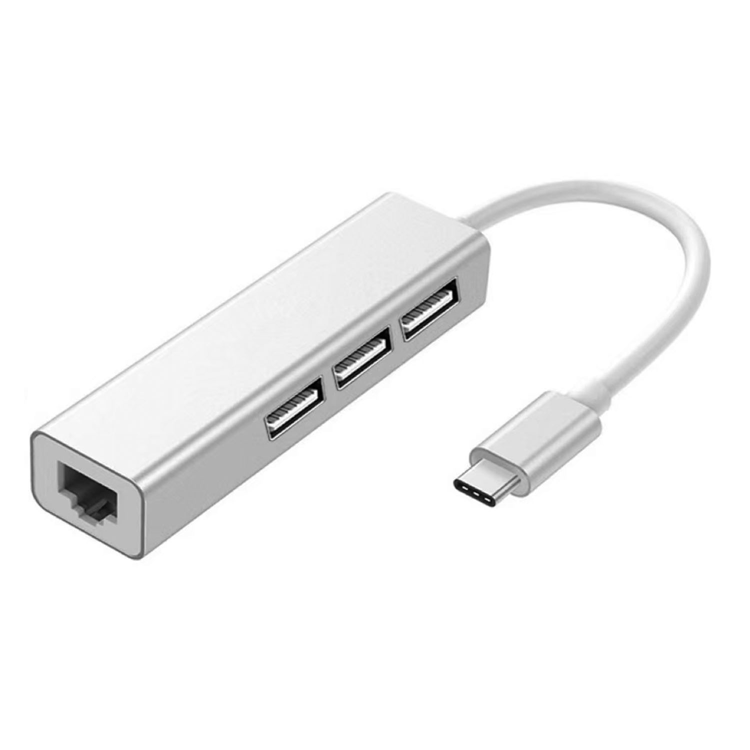 Ein silberner USB-Hub mit drei USB-Anschlüssen, einem Ethernet-Anschluss und einem USB-C-Kabelanschluss. Weißer Hintergrund.