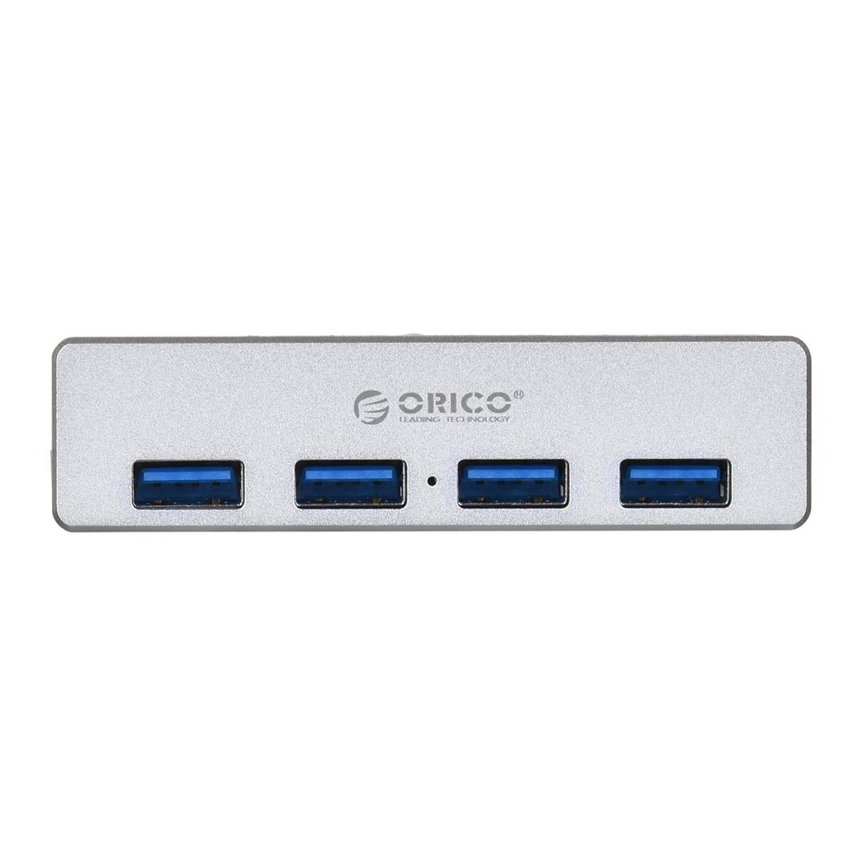 Ein silberner USB-Hub mit vier blauen USB-Anschlüssen. Der Markenname 'ORICO' ist auf dem Hub aufgedruckt.