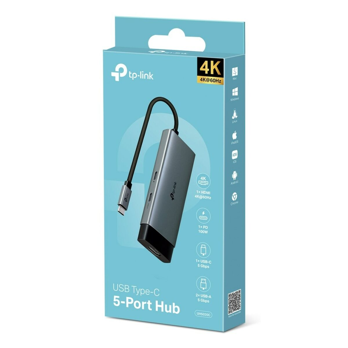 Eine TP-Link USB-C 5-Port-Hub-Box, die den Hub und seine Funktionen zeigt, einschließlich 4K, HDMI und USB-Anschlüssen.