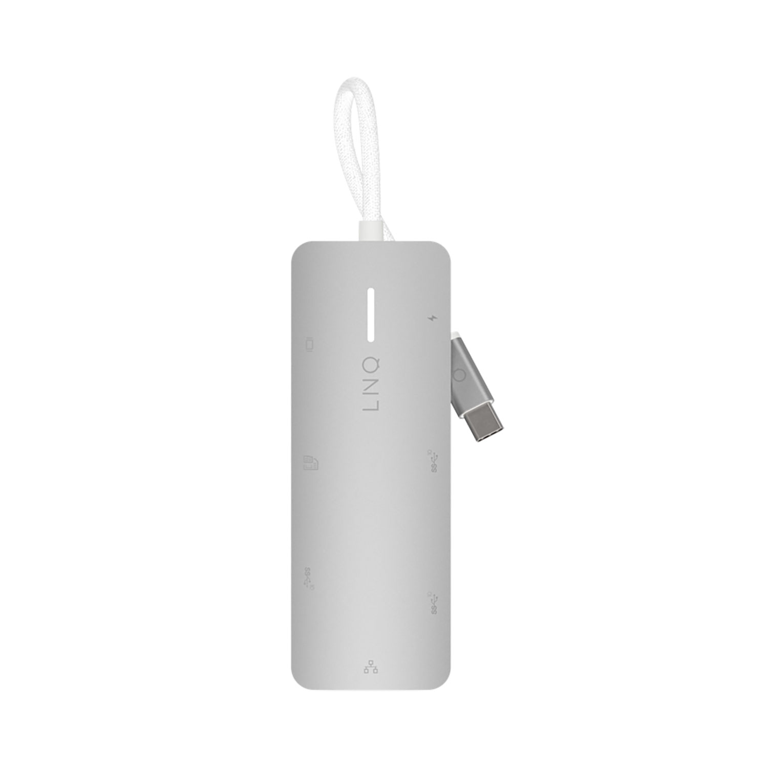 Un concentrador USB-C plateado con un cordón blanco. Tiene múltiples puertos y la marca 'LNQ' está impresa en él. Un conector USB-C está enchufado.
