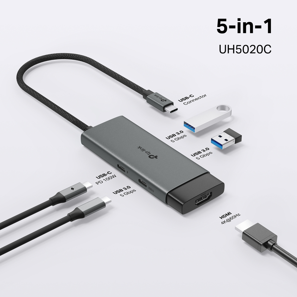 Ein grauer 5-in-1-USB-Hub mit verschiedenen Anschlüssen und Ports, darunter USB-C, USB 3.0 und HDMI, mit weißem Hintergrund.
