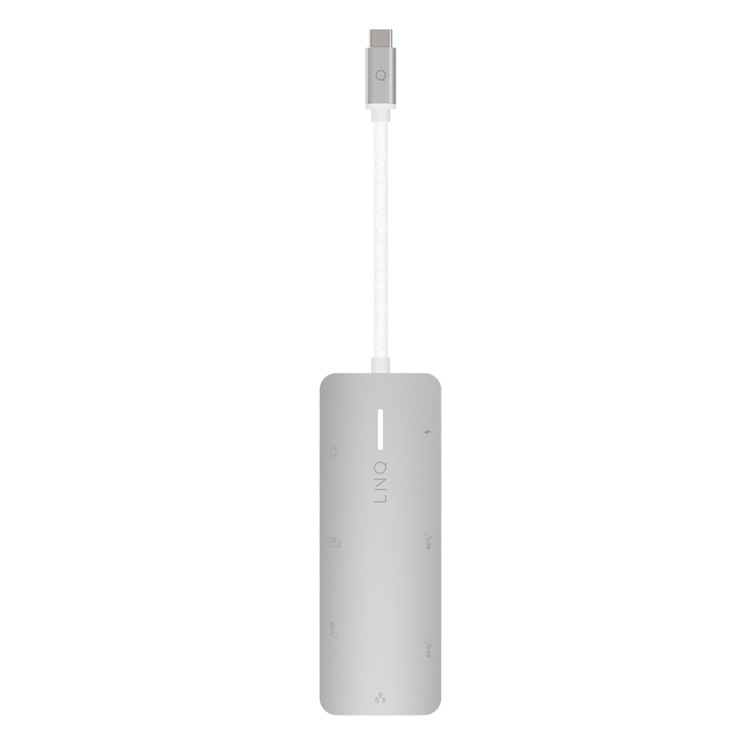 Un adaptador USB-C plateado con cable blanco y múltiples puertos. El adaptador tiene la marca 'LNQ' impresa.