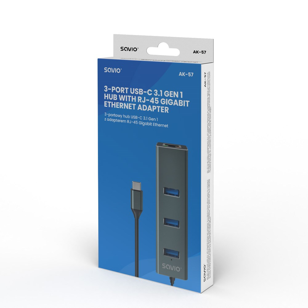 Verpackter SAVIO 3-Port-USB-C-Hub mit RJ-45-Gigabit-Ethernet-Adapter. Der Hub ist grau. Die Box ist blau und weiß mit Produktdetails.