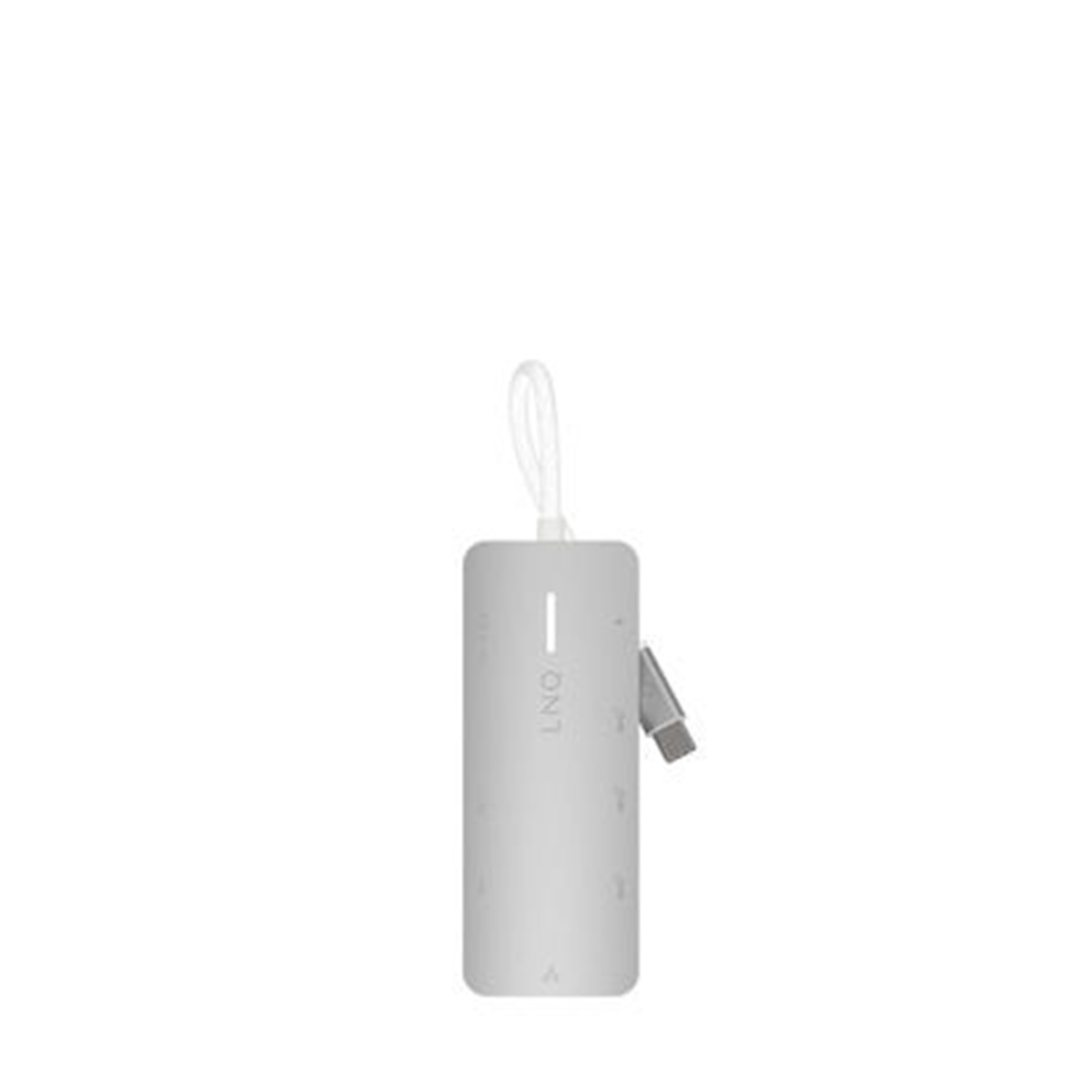 Un concentrador USB rectangular gris claro con un lazo blanco. Tiene un conector USB-C y un lazo de cuerda blanco en la parte superior.
