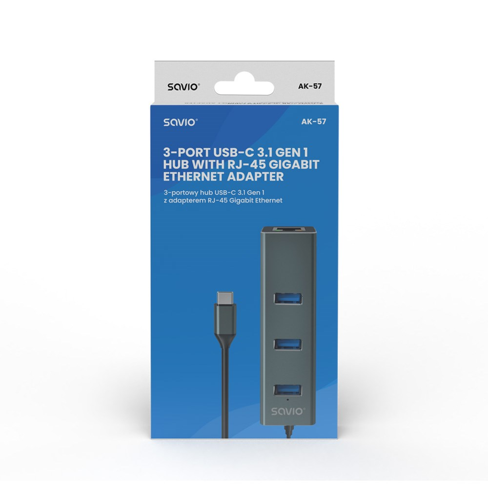 Produktverpackung mit grauem USB-Hub. Auf der Box steht '3-PORT USB-C 3.1 GEN 1 HUB' und 'SAVIO'.