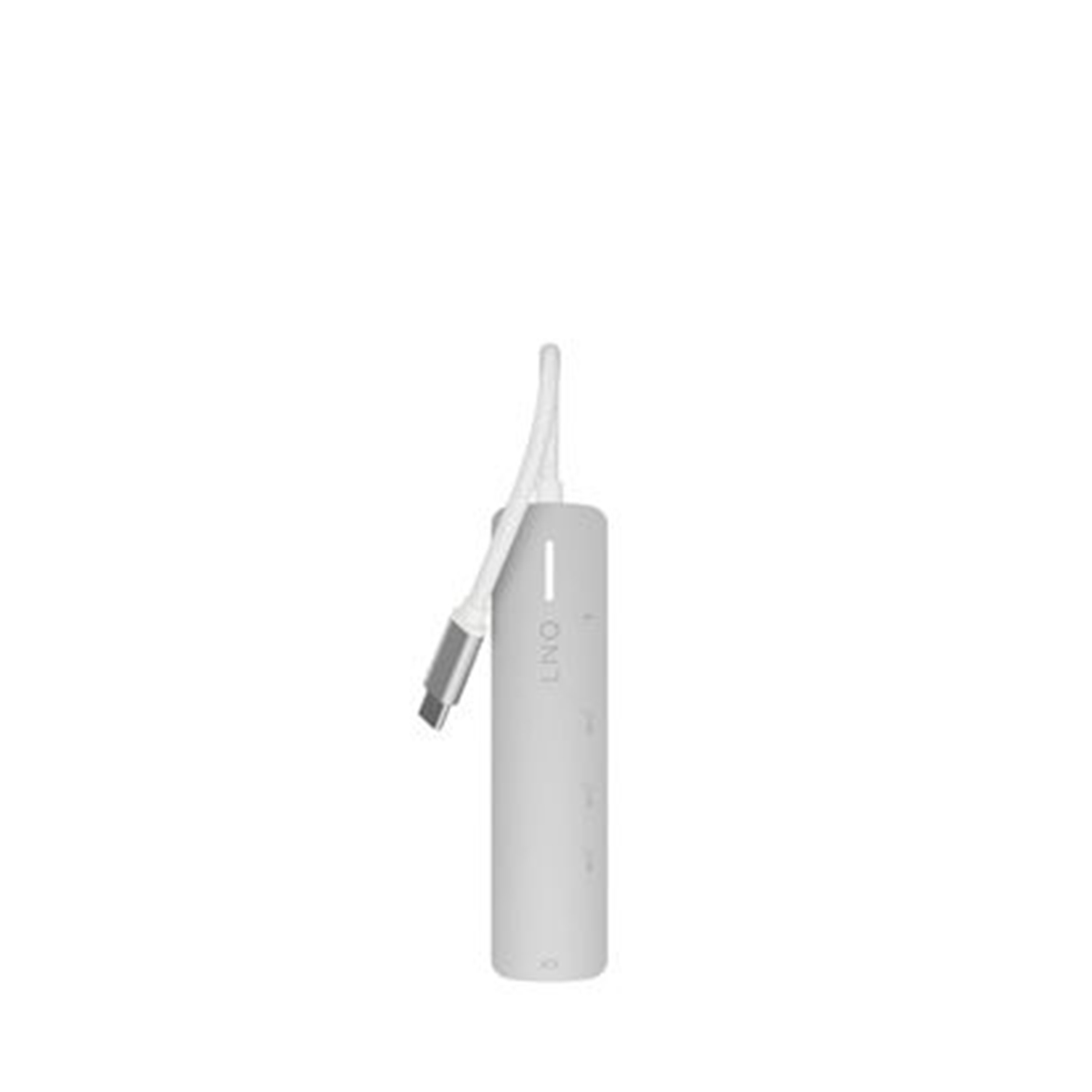 Ein weißes und silbernes zylindrisches Gerät mit einem weißen Kabel und einem silbernen USB-C-Anschluss. Das Gerät trägt den Text 'LNQ'.