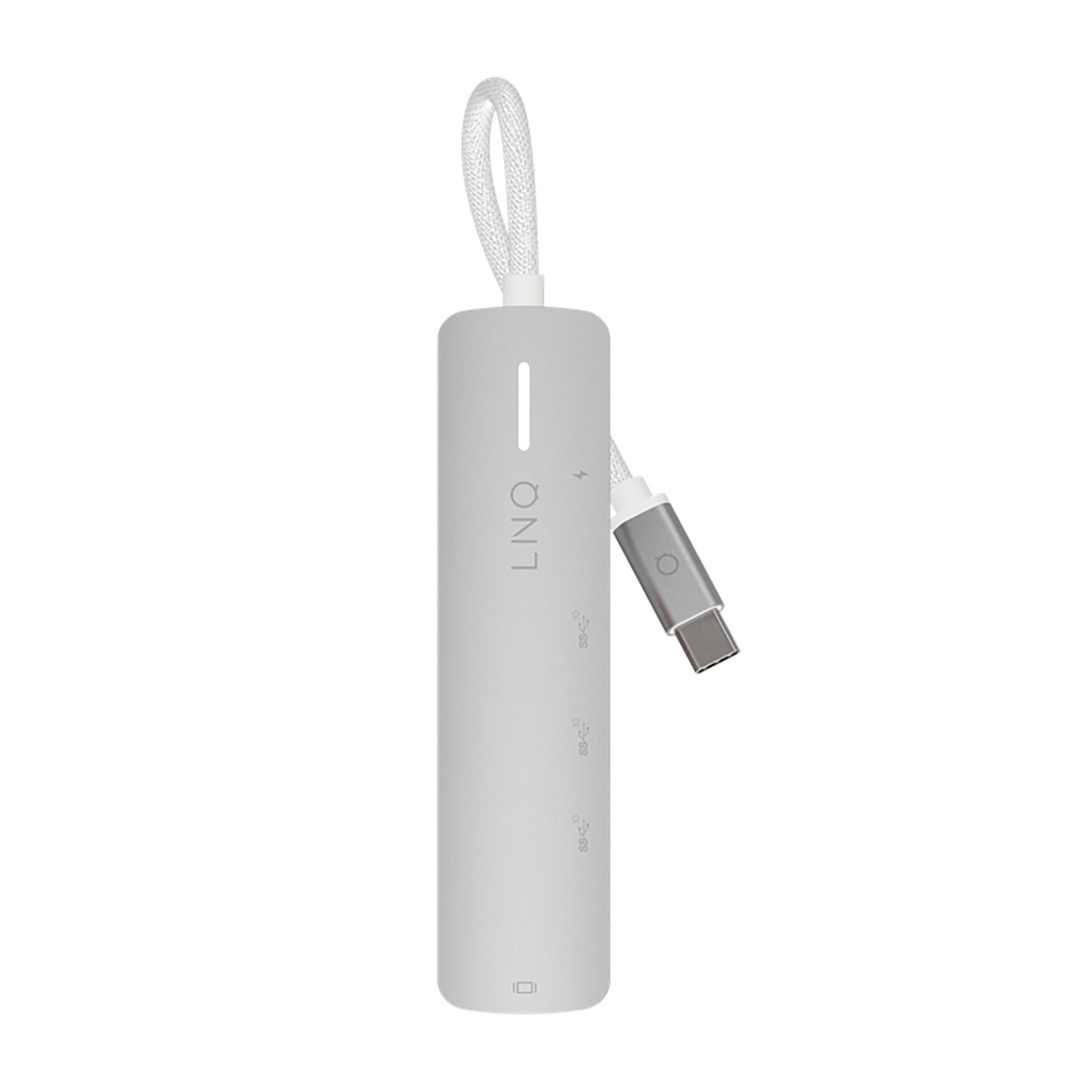 Ein silberner USB-C-Hub mit weißer Kabelschlaufe. Es trägt den Markennamen 'LNQ' und einen USB-C-Anschluss.