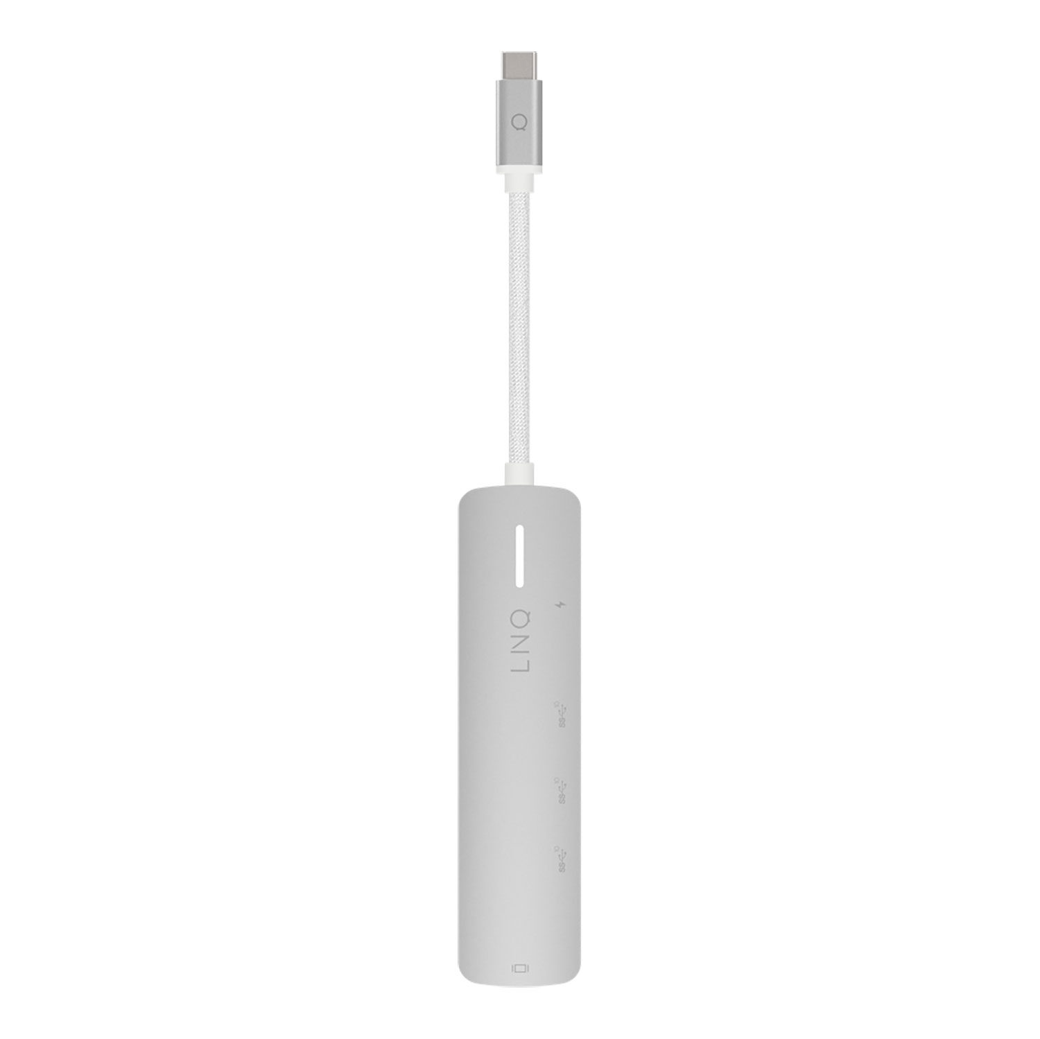 Ein silberner USB-C-Adapter mit weißem geflochtenem Kabel. Der Adapter hat einen zylindrischen Körper mit den Buchstaben 'LNQ' und Ports.
